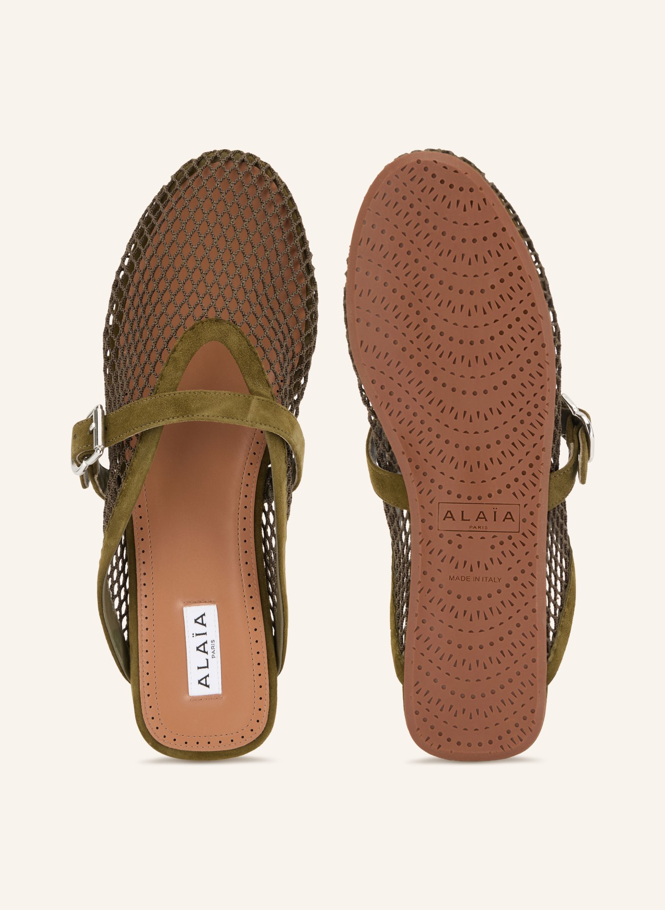 ALAÏA Muiltjes: KAKI / ZILVER / OLIJF