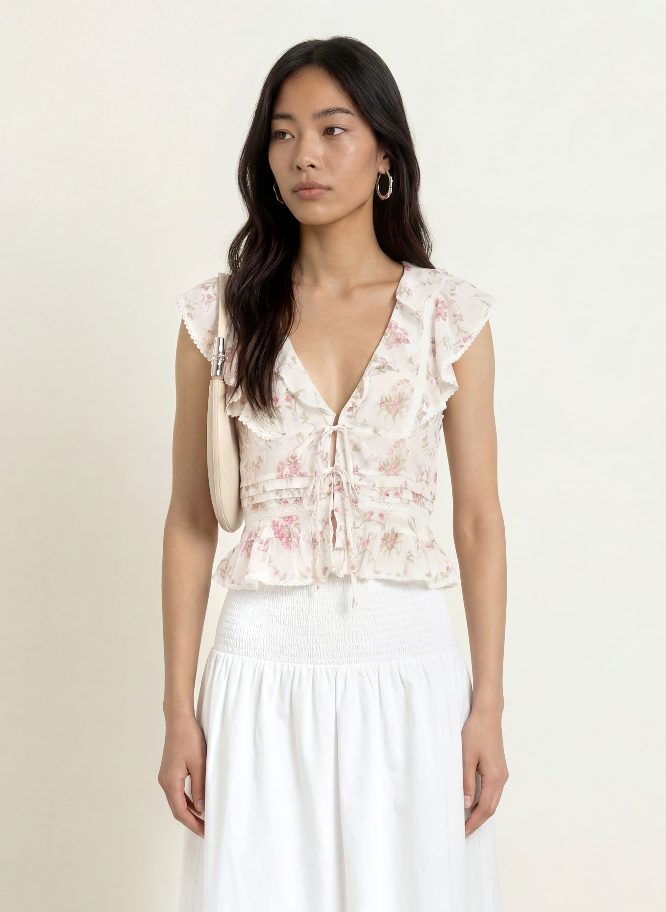 NEO NOIR NETALI-blouseshirt met volants en kant: WIT / ROZE / GROEN