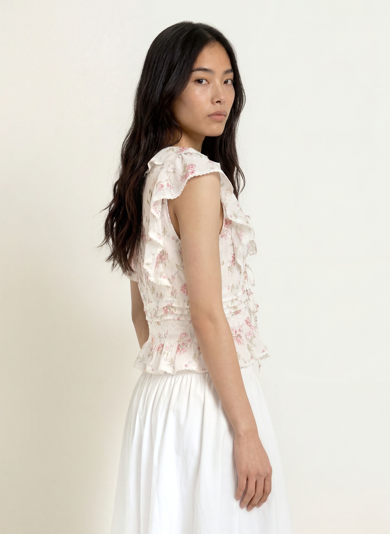 NEO NOIR NETALI-blouseshirt met volants en kant: WIT / ROZE / GROEN