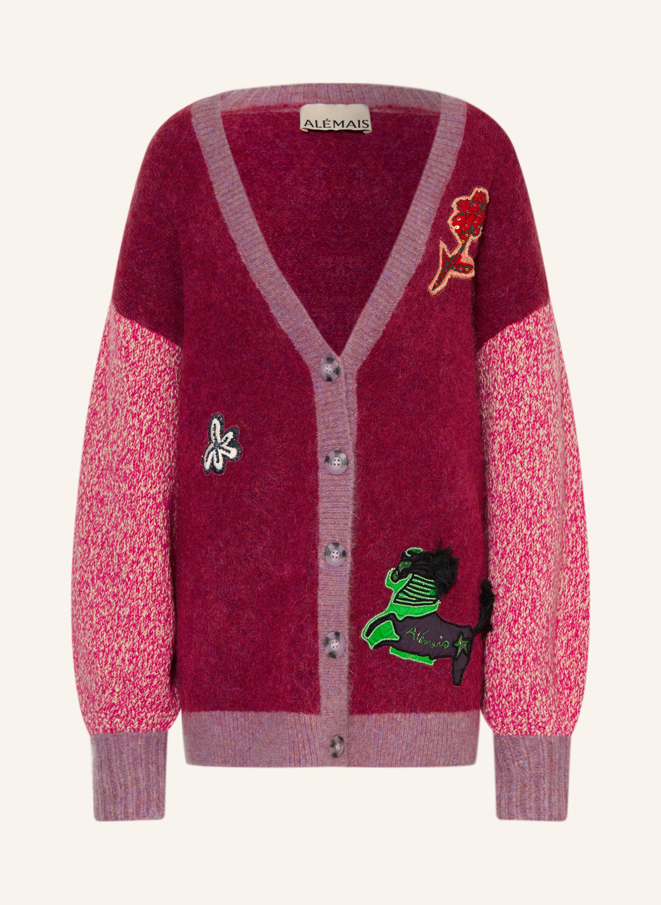 ALÉMAIS Oversized-Strickjacke MLAK mit Mohair und Alpaka: DUNKELROT / PINK / WEISS