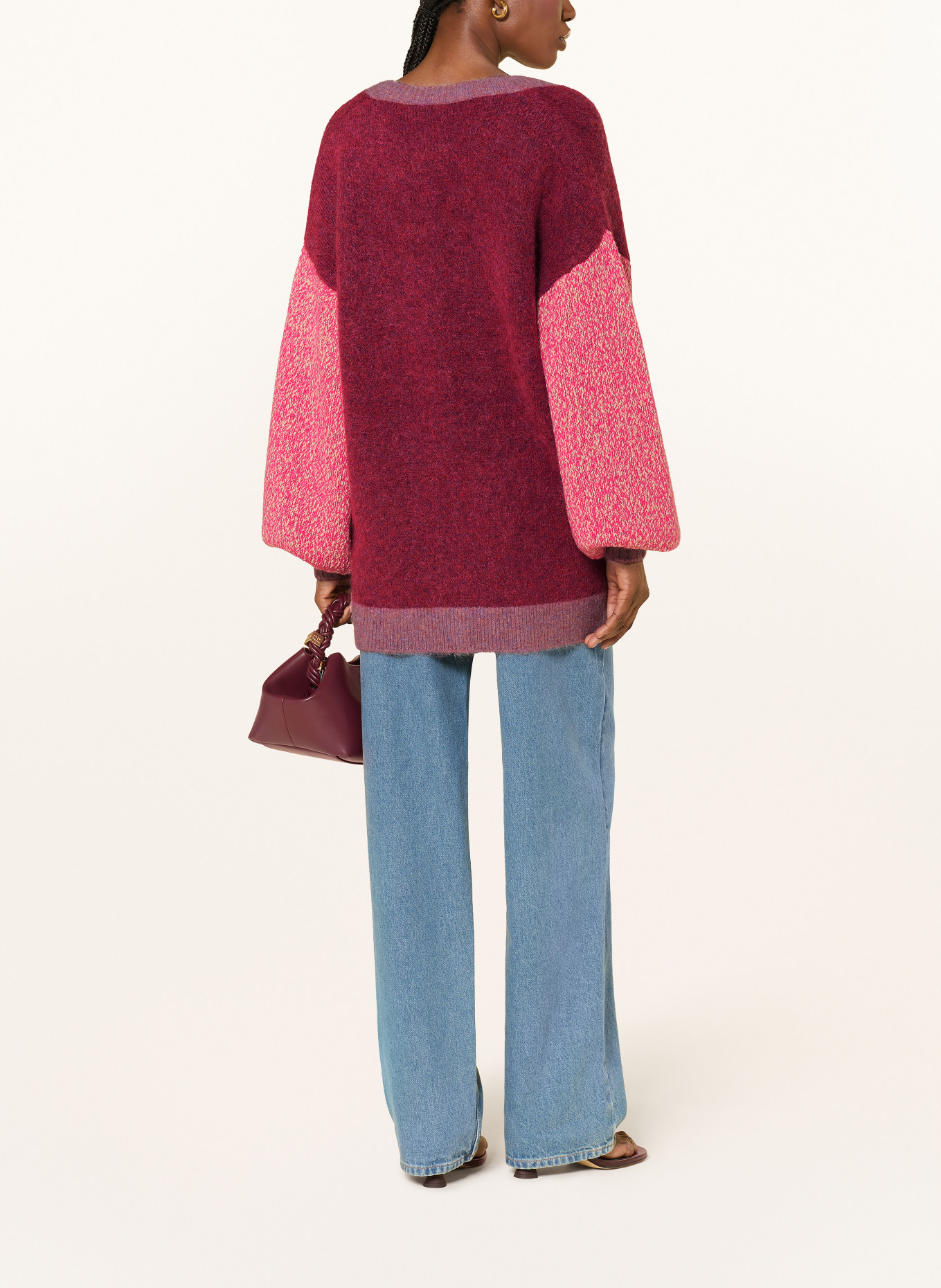 ALÉMAIS Oversized-Strickjacke MLAK mit Mohair und Alpaka: DUNKELROT / PINK / WEISS