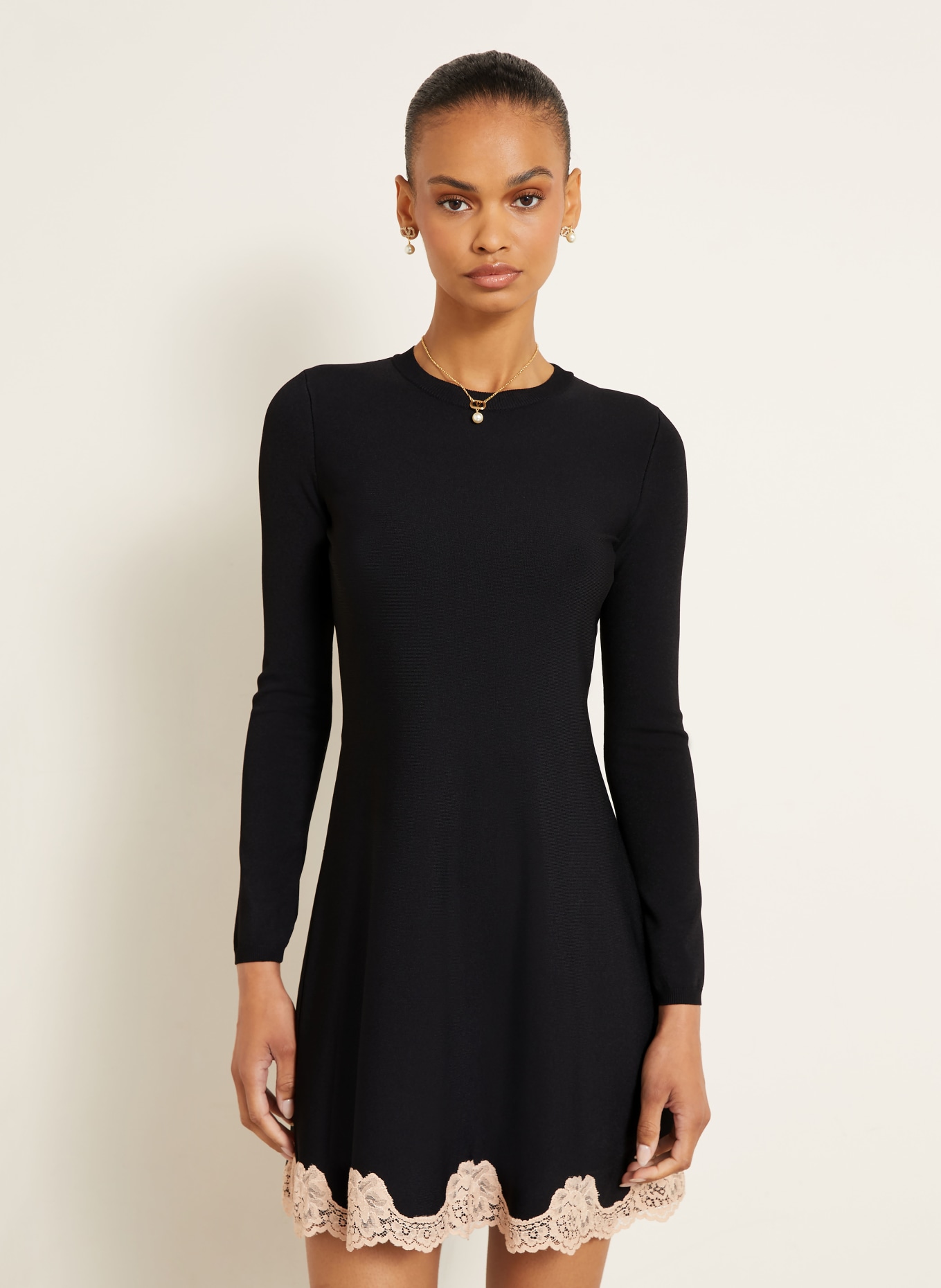 VALENTINO Robe en maille SOLID avec dentelle: NOIR / ROSÉ
