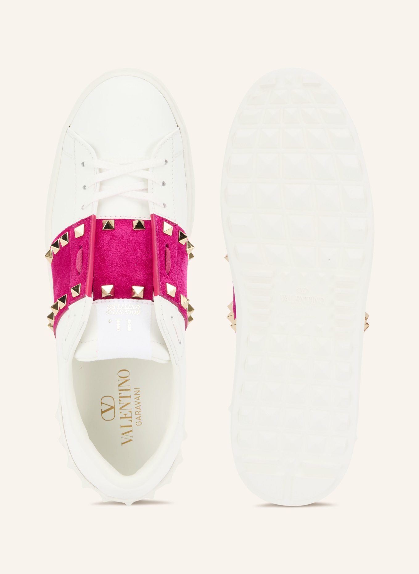 VALENTINO GARAVANI Sneakersy ROCKSTUD UNTITLED z nitami: BIAŁY / ZŁOTY / FUKSJA