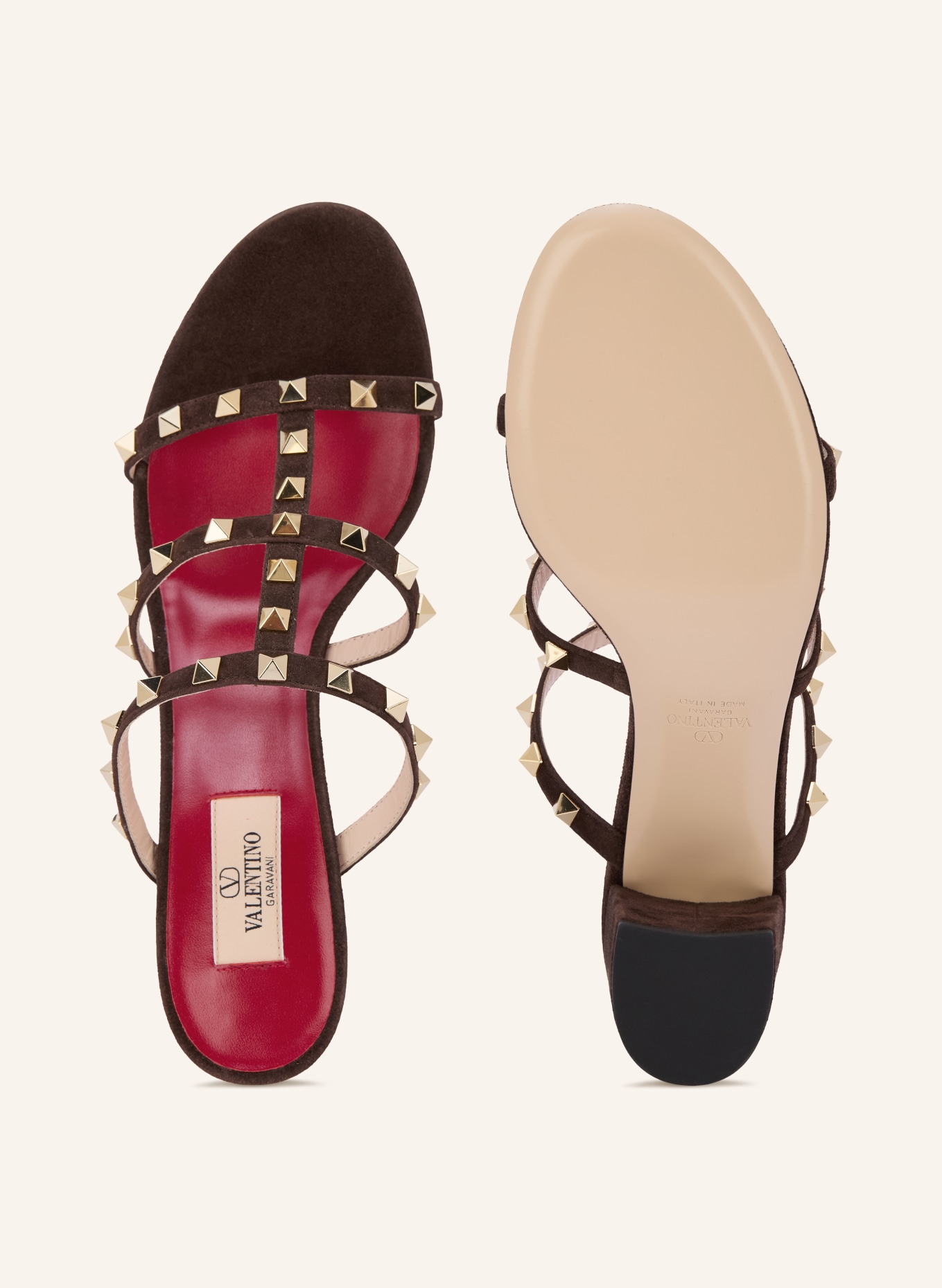 VALENTINO GARAVANI Mules ROCKSTUD mit Nieten: DUNKELBRAUN / GOLD