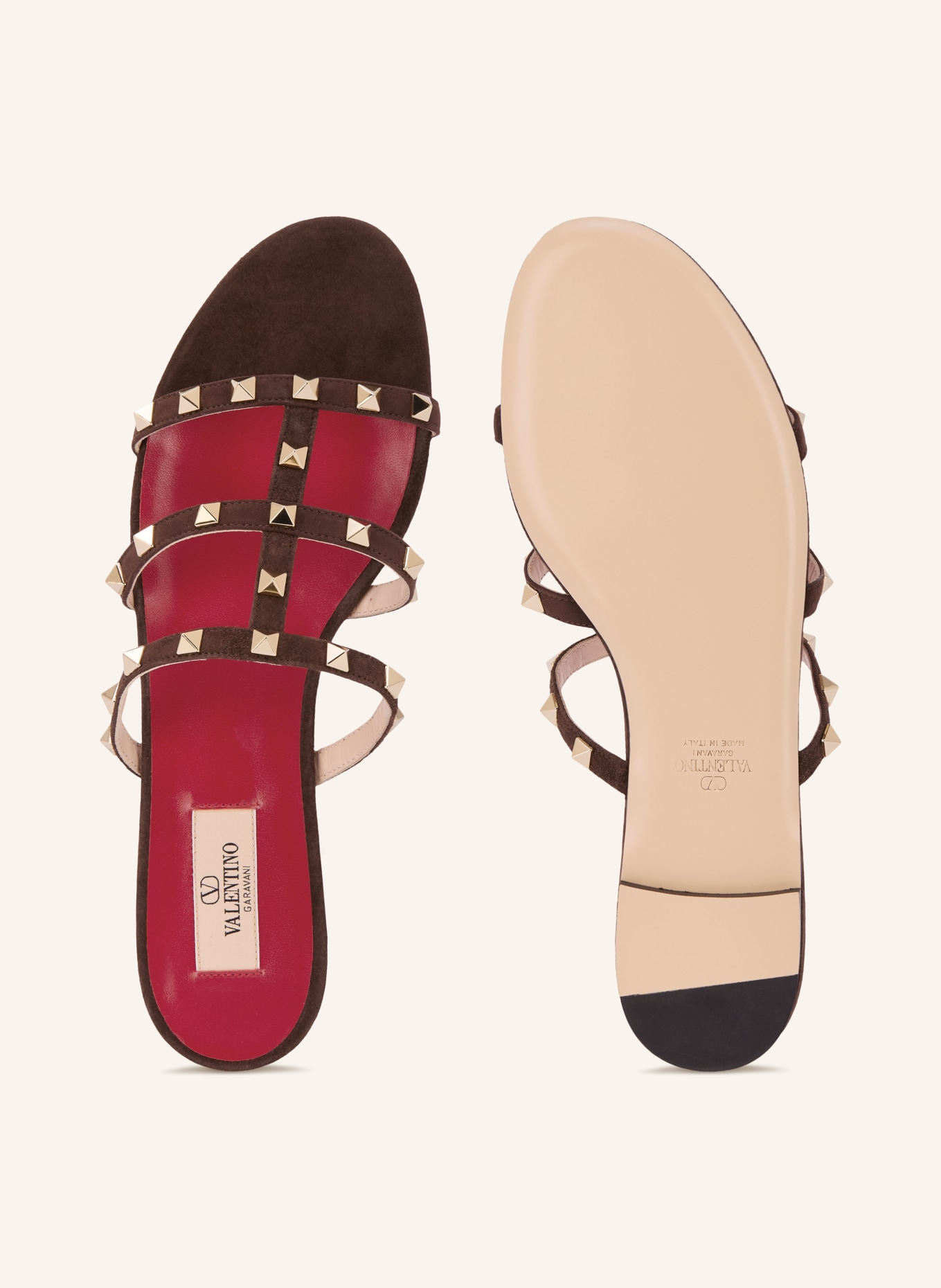 VALENTINO GARAVANI Pantoletten ROCKSTUD mit Nieten: DUNKELBRAUN / GOLD