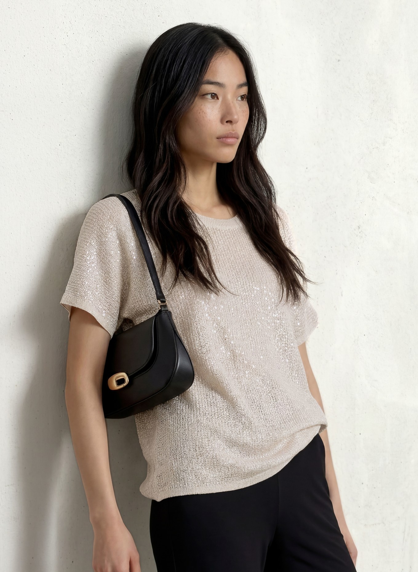 Joseph Ribkoff T-shirt en maille avec fil pailleté et strass: CRÈME