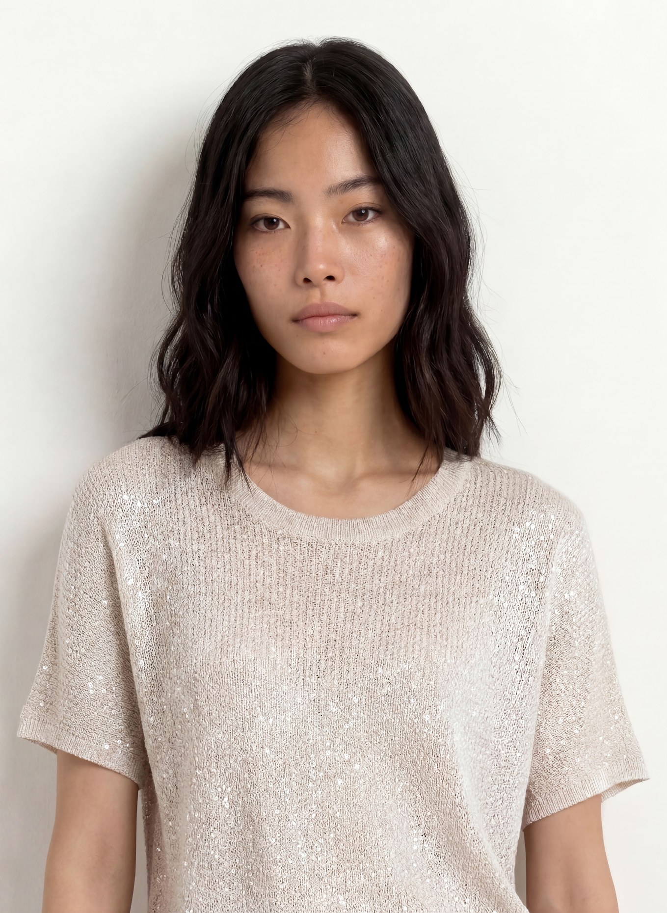 Joseph Ribkoff T-shirt en maille avec fil pailleté et strass: CRÈME