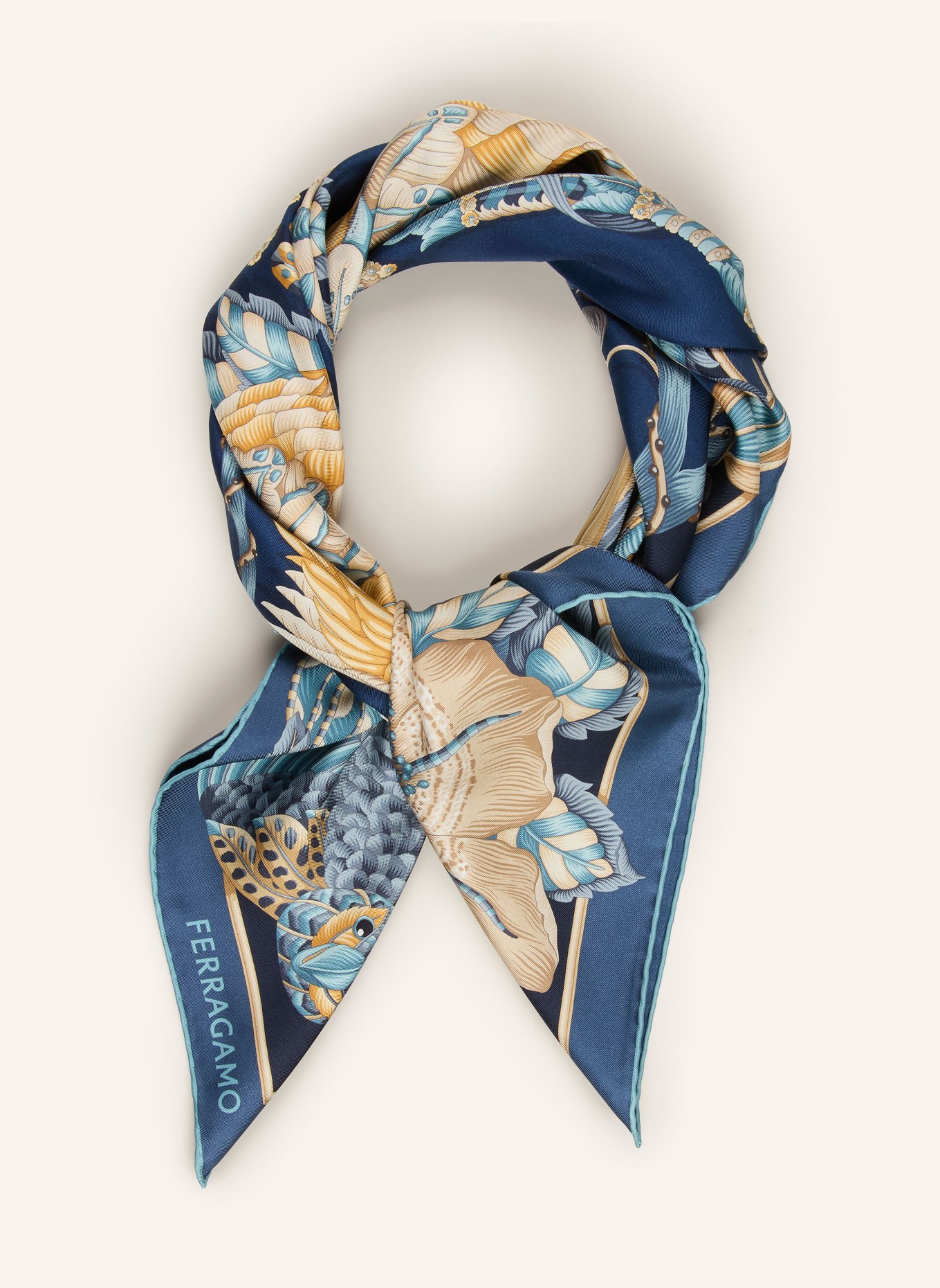 FERRAGAMO Seidentuch: BLAUGRAU / GOLD / DUNKELBLAU