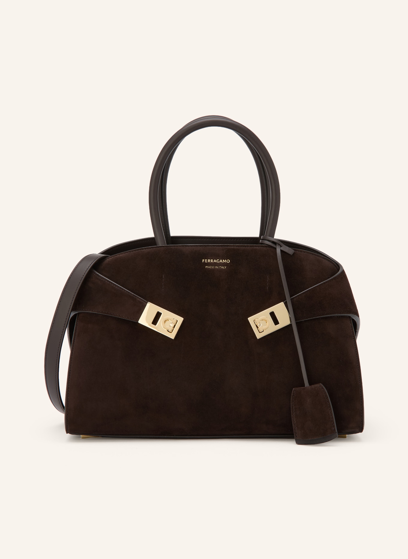 FERRAGAMO Schultertasche HUG: DUNKELBRAUN / GOLD