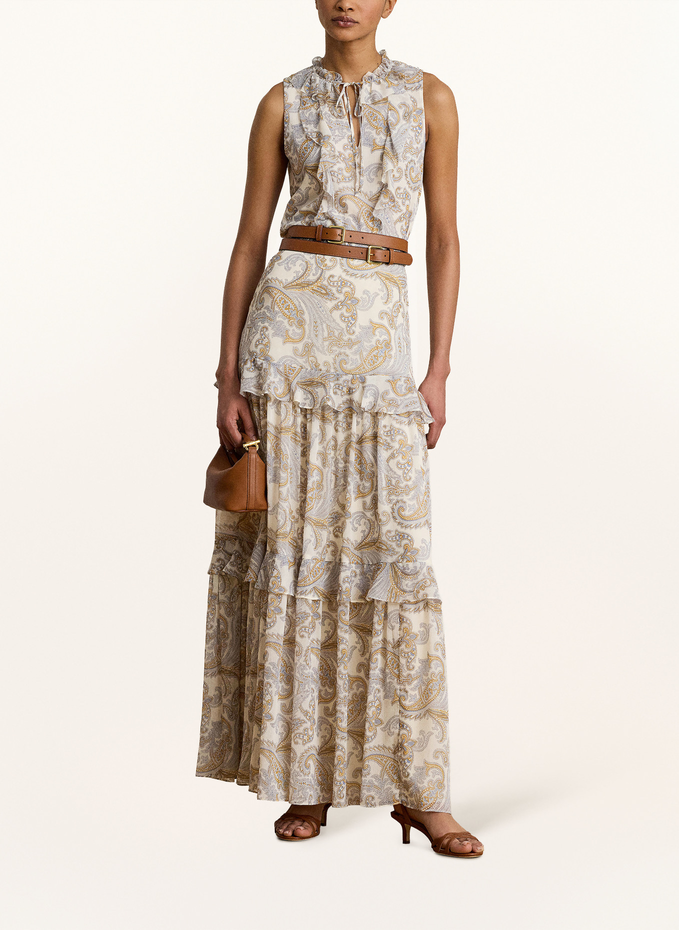 LAUREN RALPH LAUREN Blousetop met volants: CRÈME / COGNAC / BLAUW