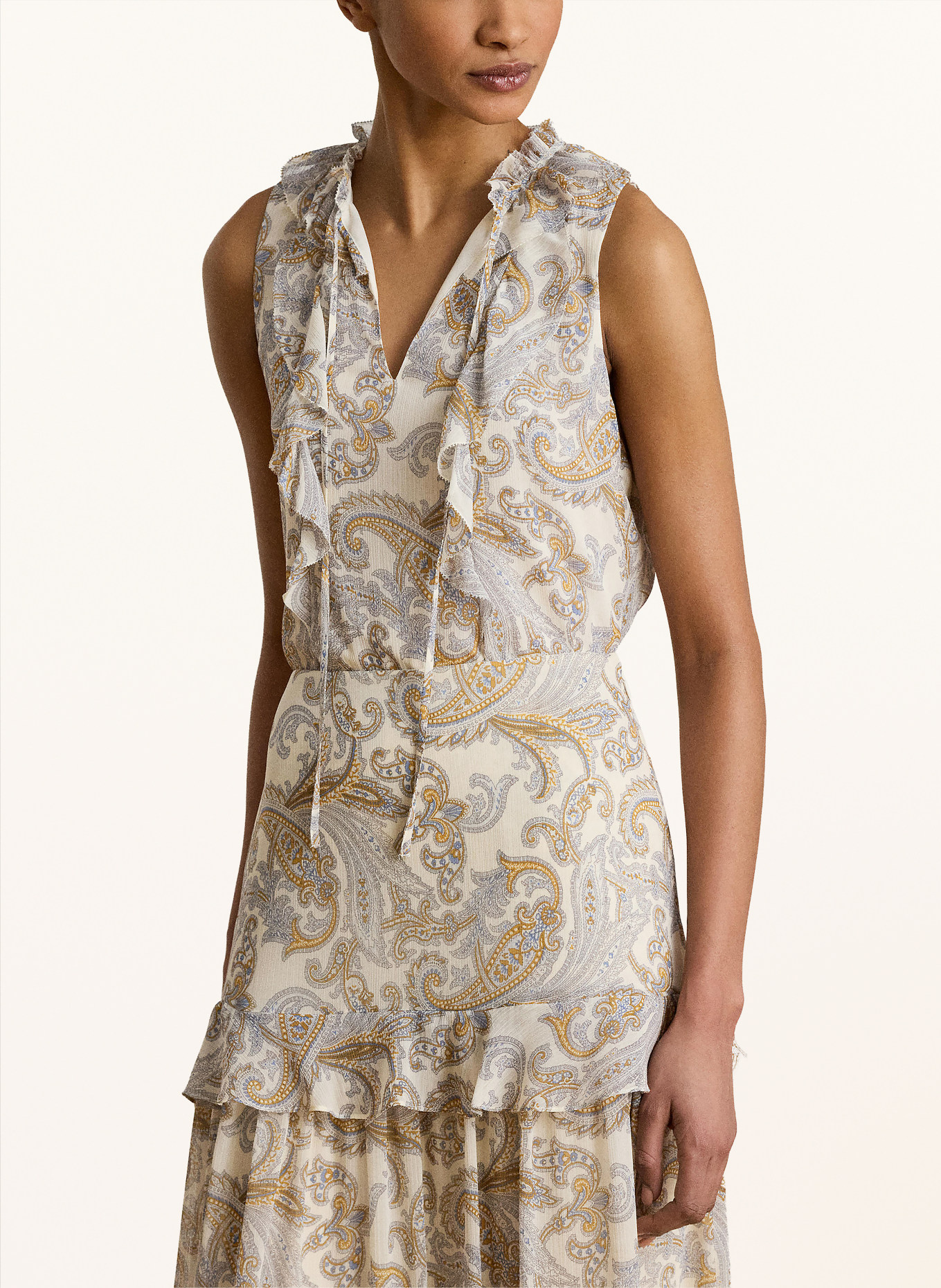 LAUREN RALPH LAUREN Blousetop met volants: CRÈME / COGNAC / BLAUW