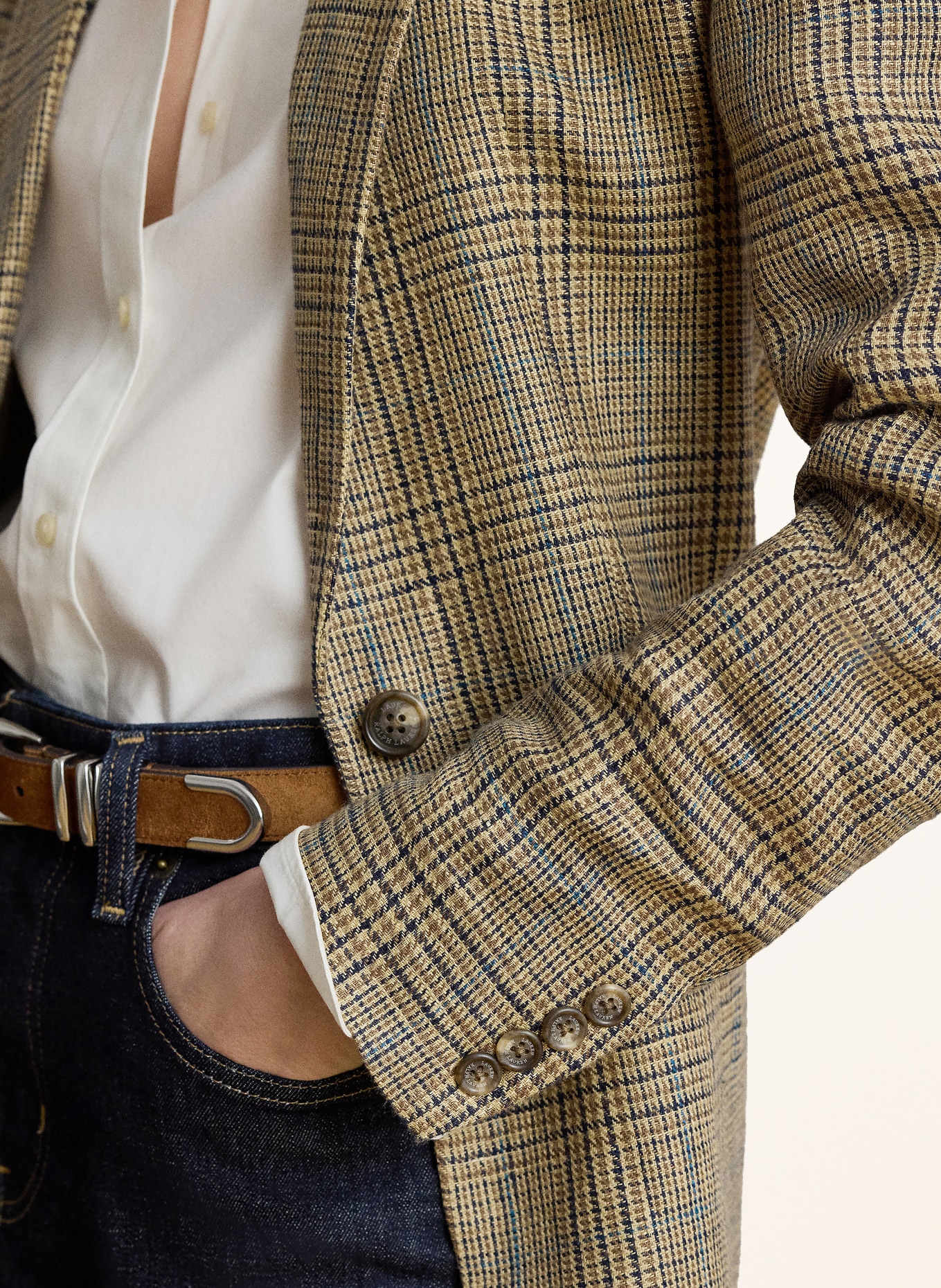LAUREN RALPH LAUREN Linen Blazer: CAMEL / BLACK