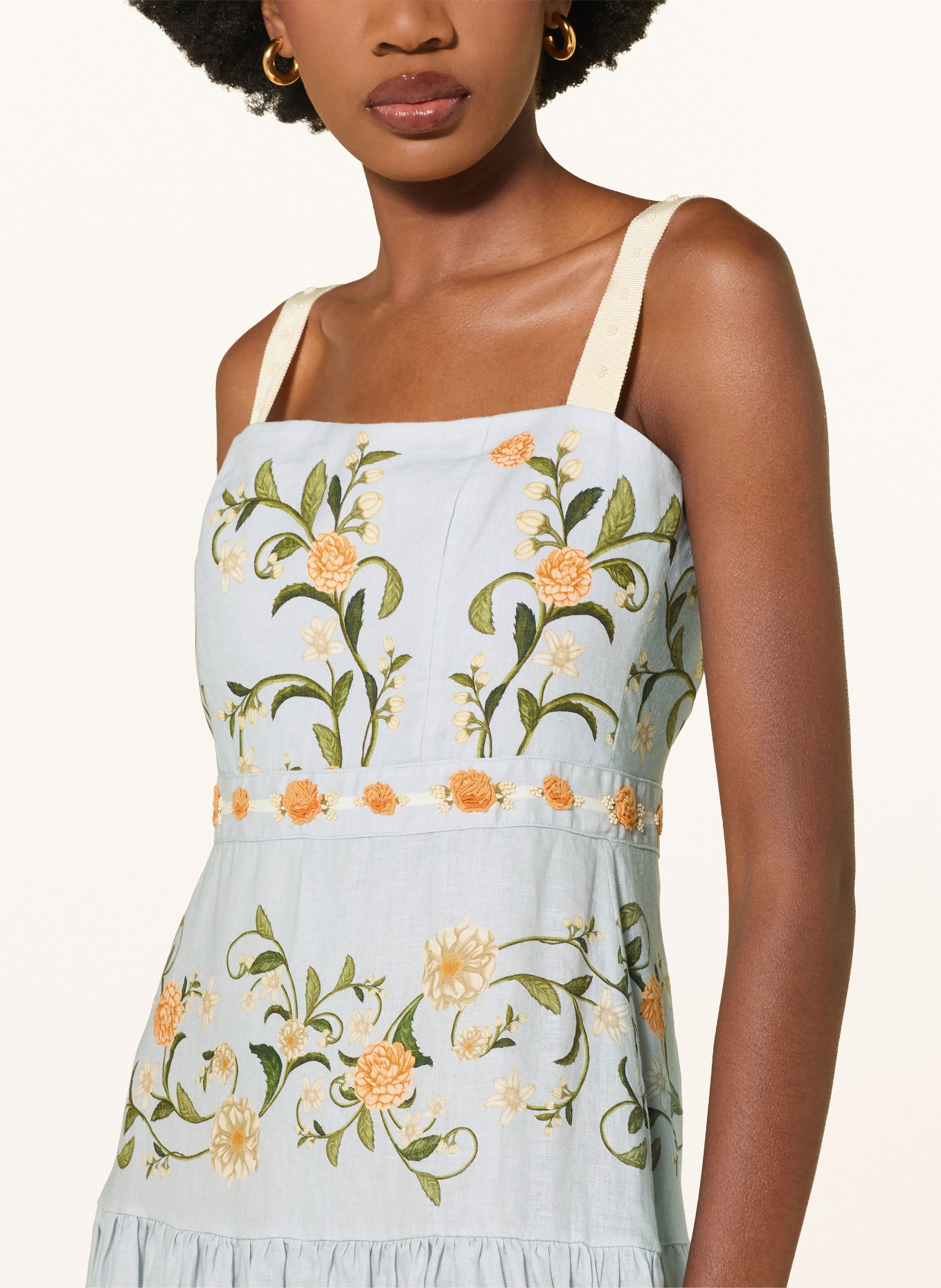 Agua by Agua Bendita LIMA VALLE linen dress with decorative beads: LIGHT BLUE / ORANGE / GREEN