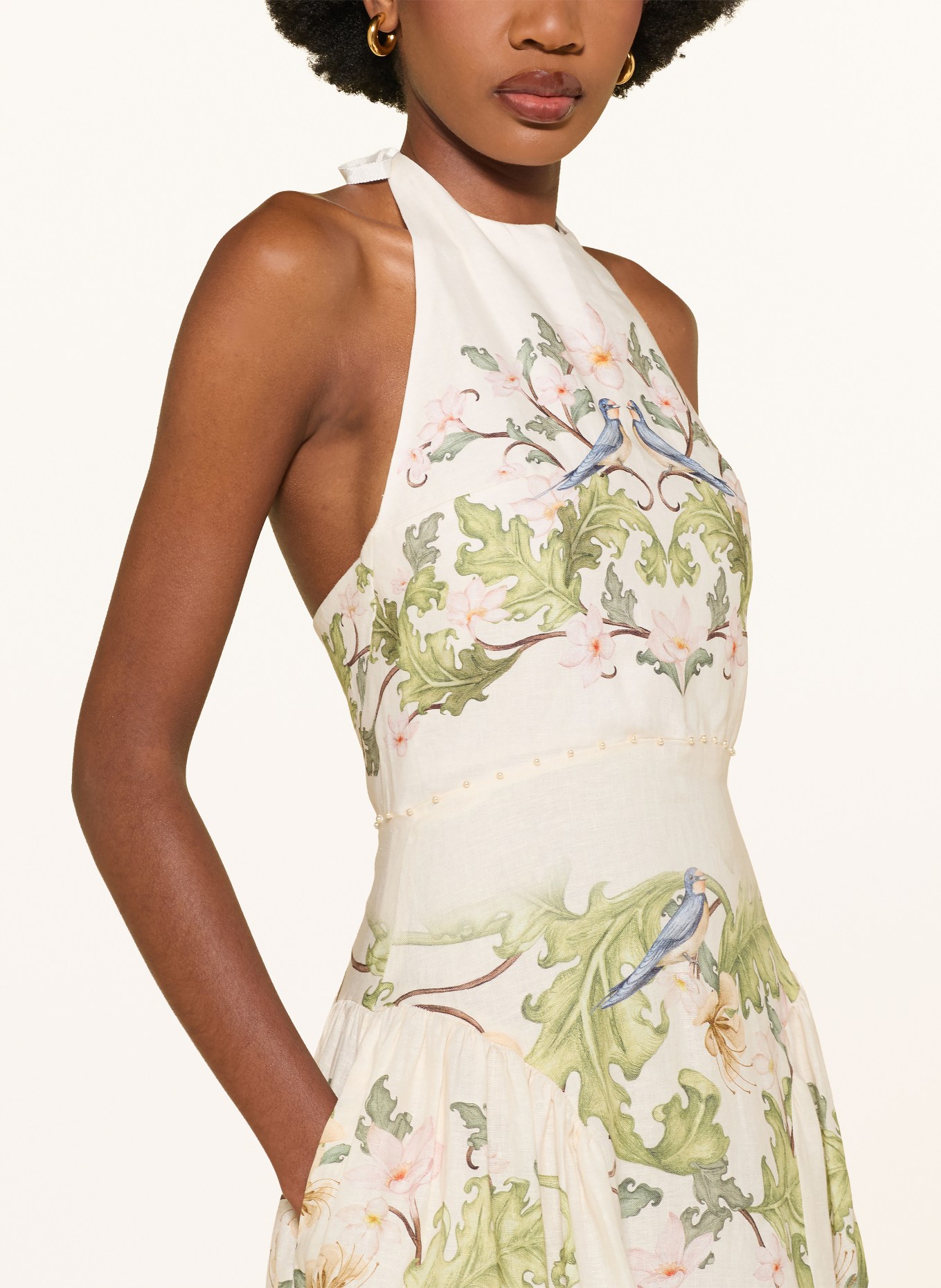 Agua by Agua Bendita BALSA ANHELO linen dress with decorative beads: CREAM / GREEN / BLUE