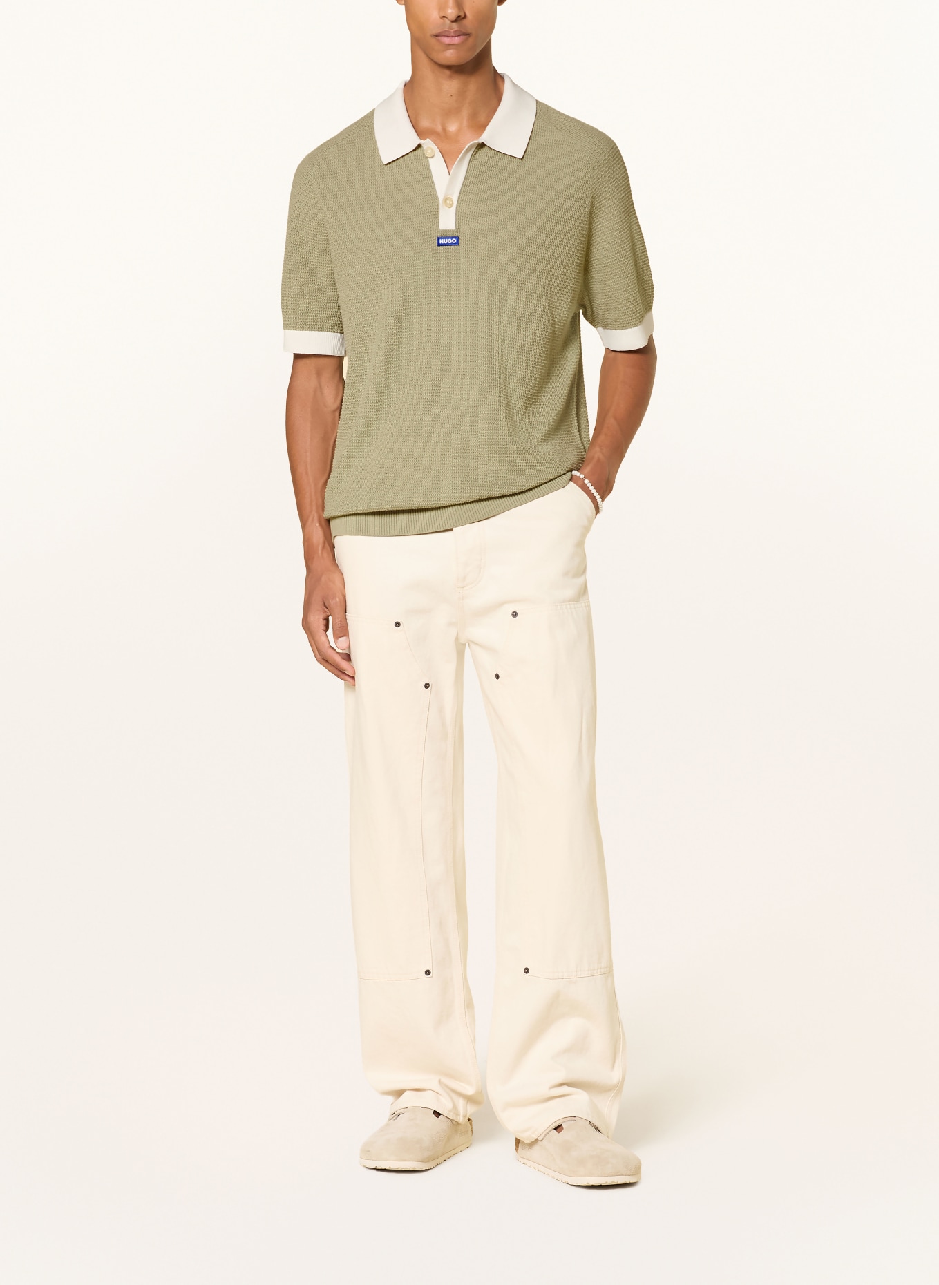HUGO Gebreid poloshirt SIABLO: LICHTGROEN / CRÈME