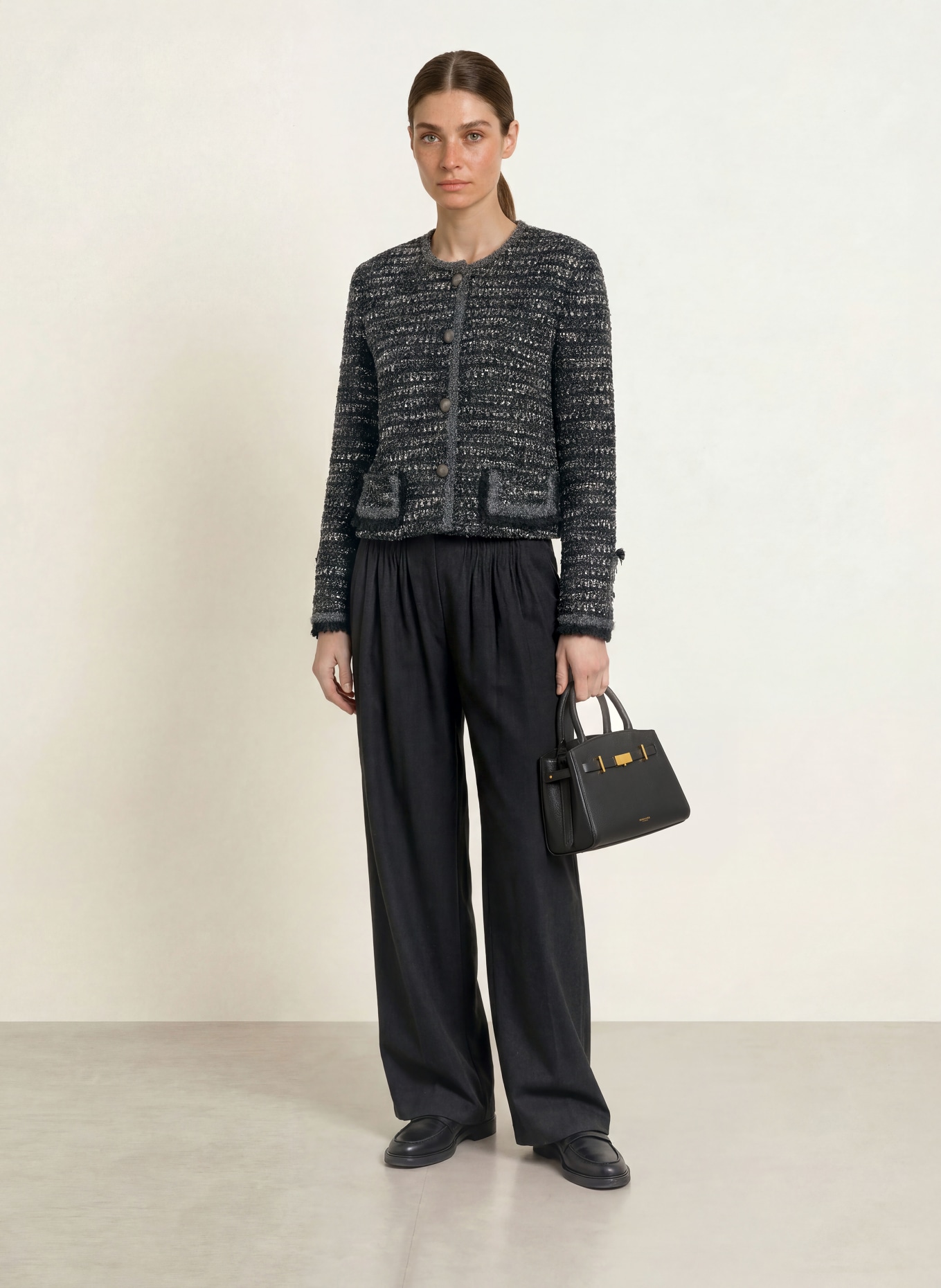 EMPORIO ARMANI Bouclé Blazer met glinsterend garen: DONKERGRIJS / WIT / ZWART