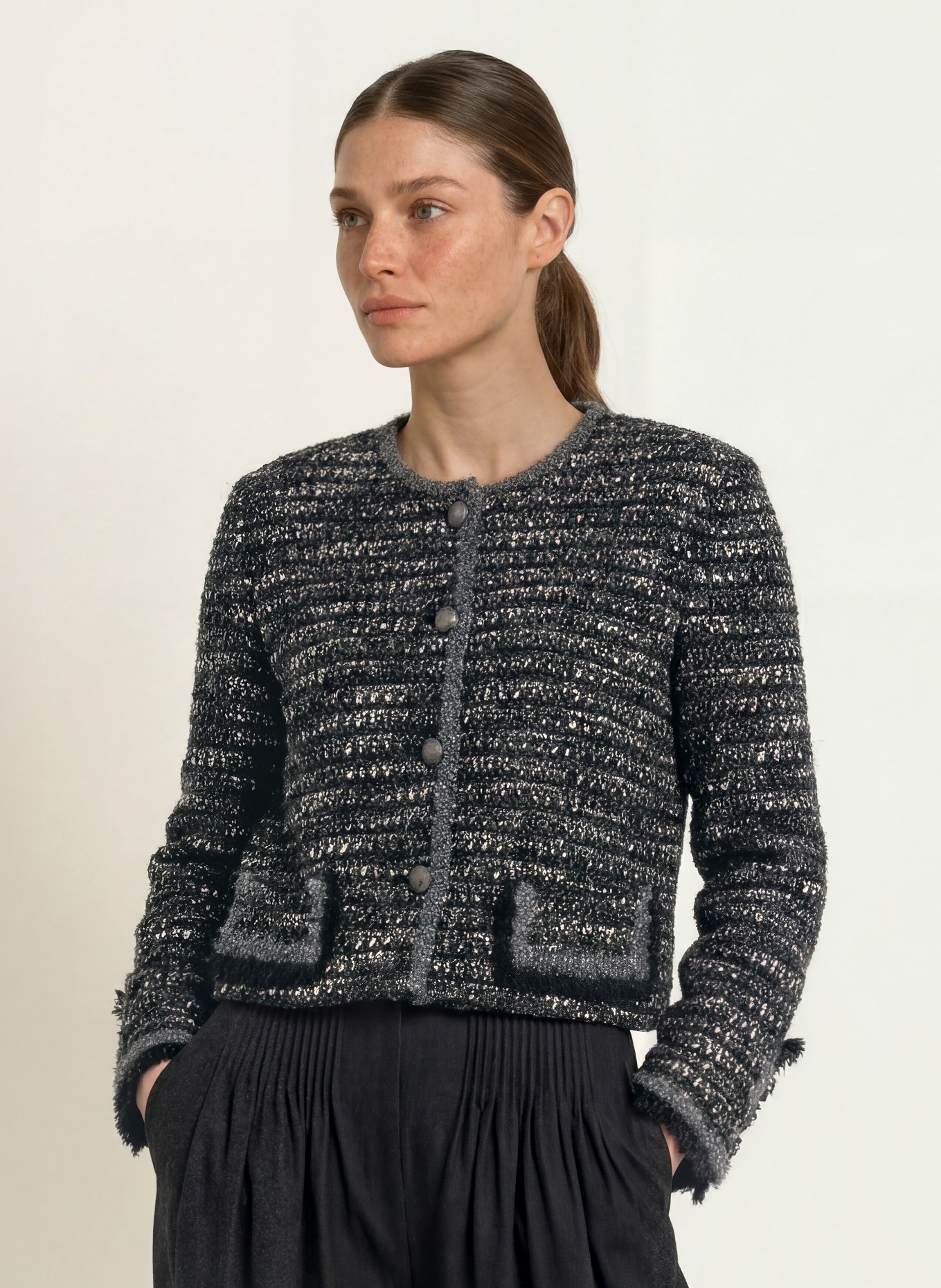 EMPORIO ARMANI Bouclé Blazer met glinsterend garen: DONKERGRIJS / WIT / ZWART