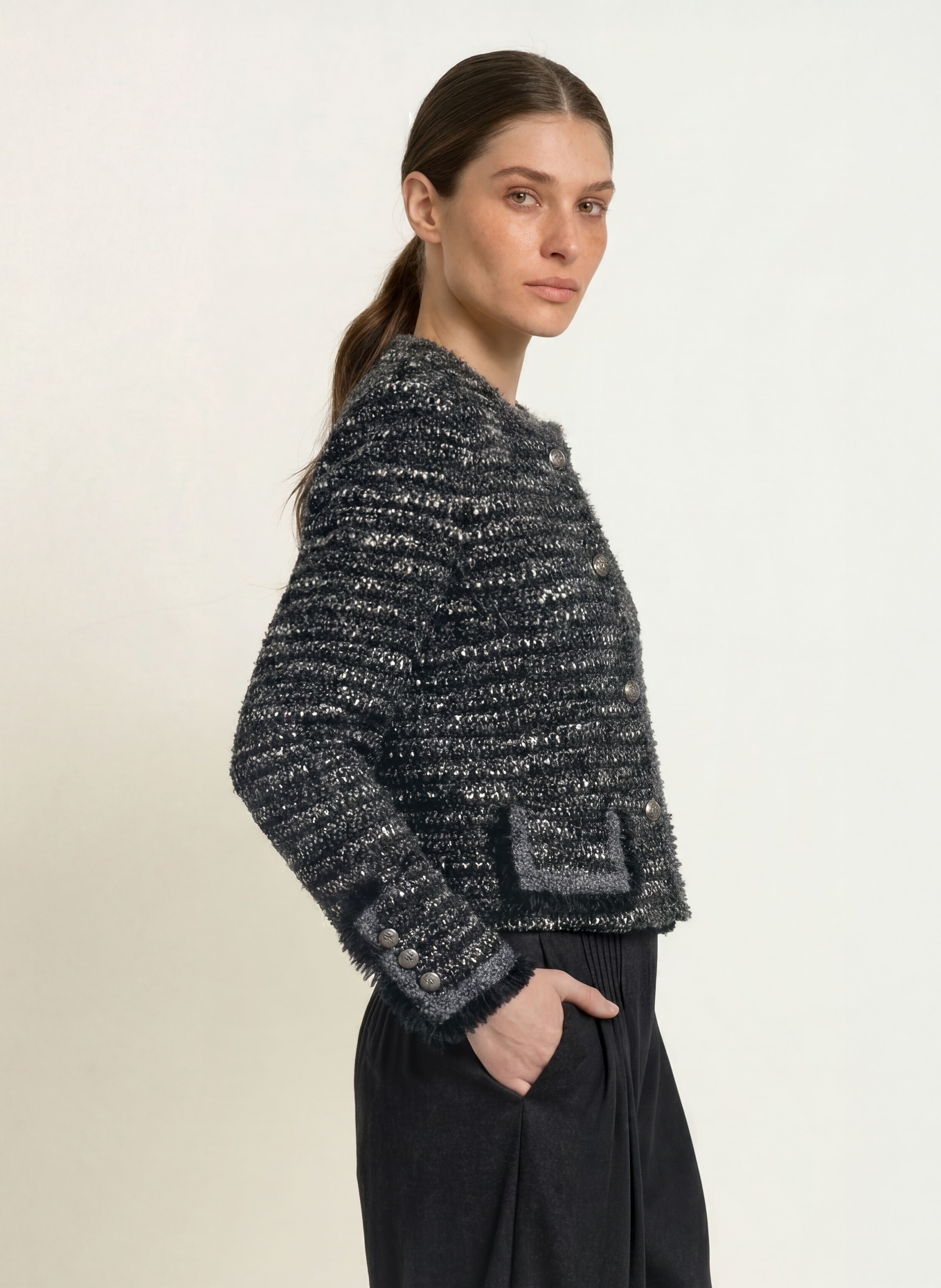 EMPORIO ARMANI Bouclé Blazer met glinsterend garen: DONKERGRIJS / WIT / ZWART