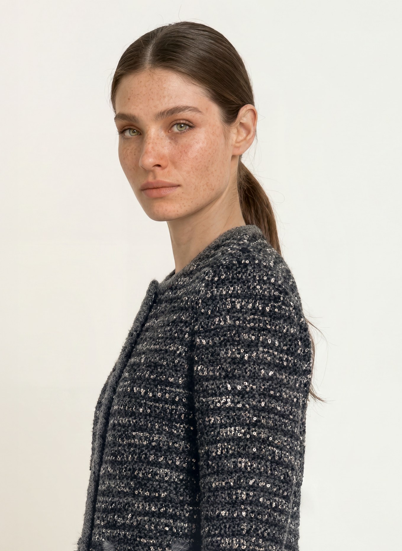 EMPORIO ARMANI Bouclé Blazer met glinsterend garen: DONKERGRIJS / WIT / ZWART