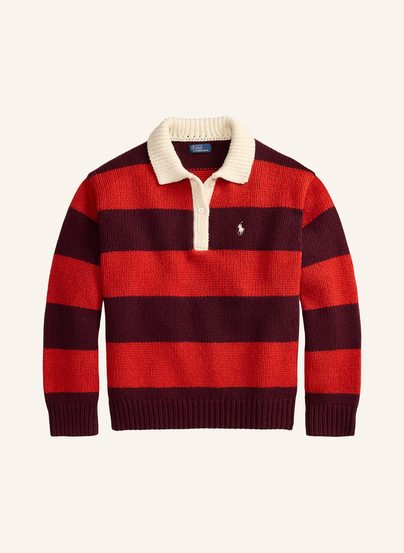 POLO RALPH LAUREN Strick-Poloshirt: ROT / ECRU / DUNKELLILA