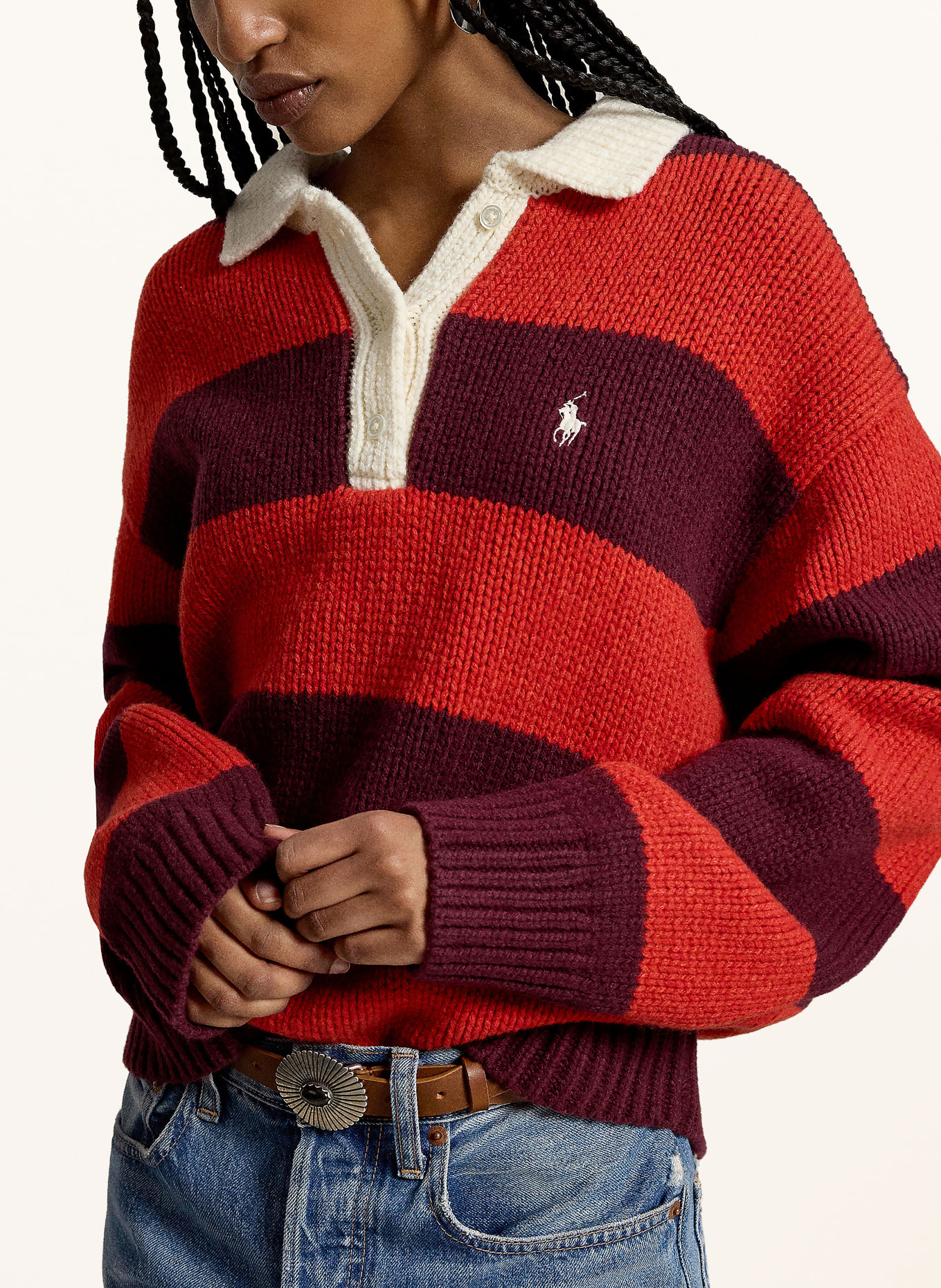 POLO RALPH LAUREN Strick-Poloshirt: ROT / ECRU / DUNKELLILA