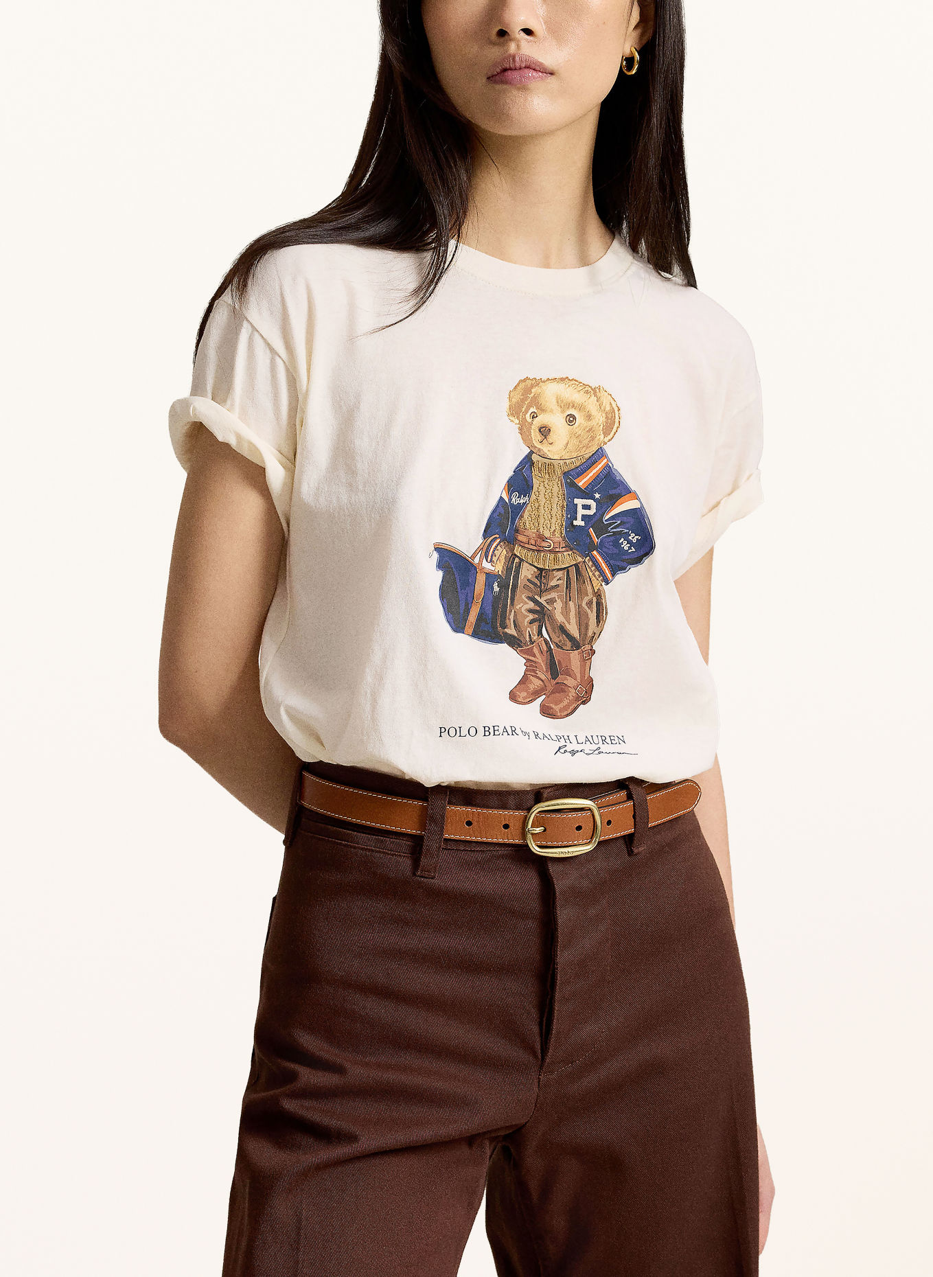 POLO RALPH LAUREN T-Shirt: ECRU / BRAUN / DUNKELBLAU