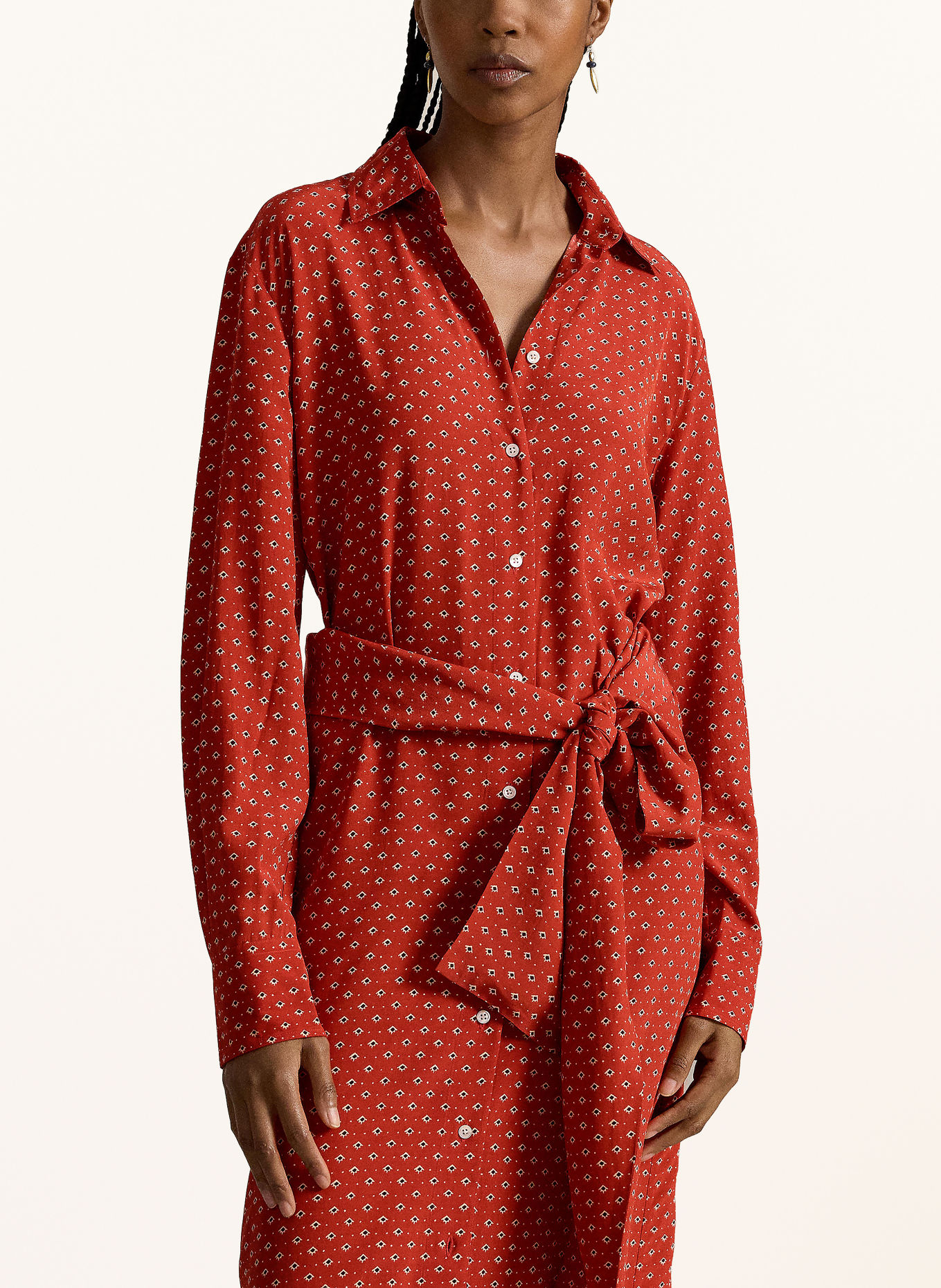POLO RALPH LAUREN Wrap-style shirt dress: RED / ECRU / BLACK