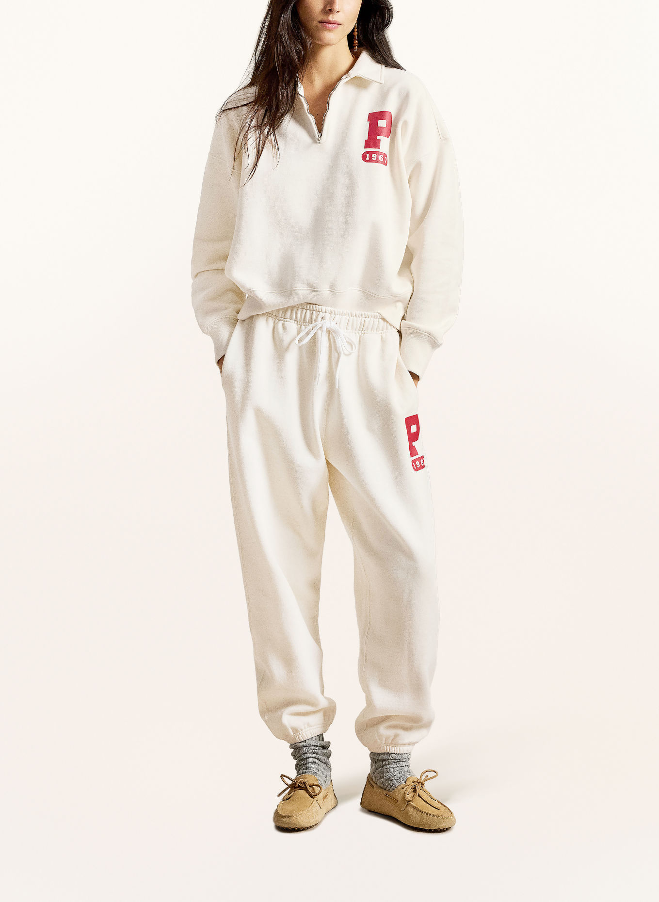 POLO RALPH LAUREN Sweatshirt-style Polo shirt: CREAM / DARK RED