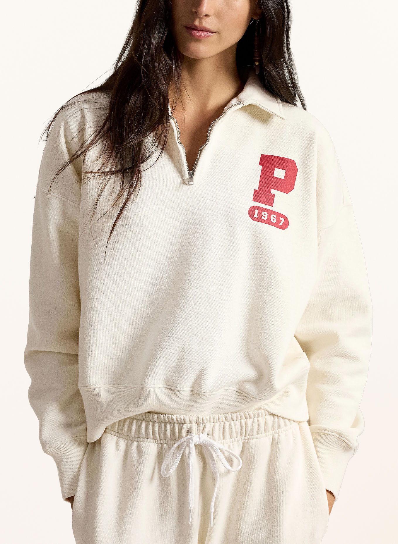 POLO RALPH LAUREN Sweatshirt-style Polo shirt: CREAM / DARK RED