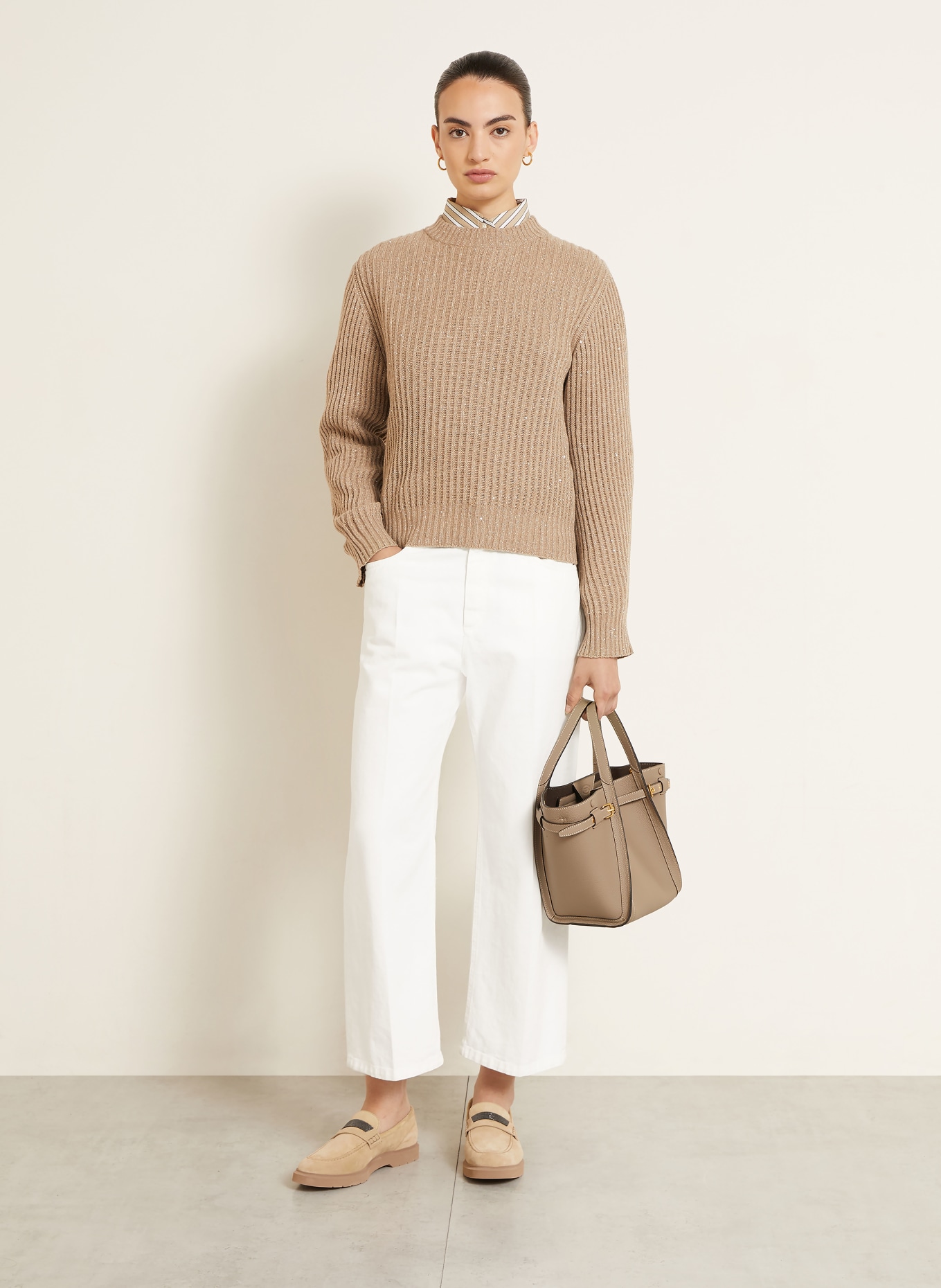 BRUNELLO CUCINELLI Pull en cachemire et fil pailleté: MARRON CLAIR / ARGENT