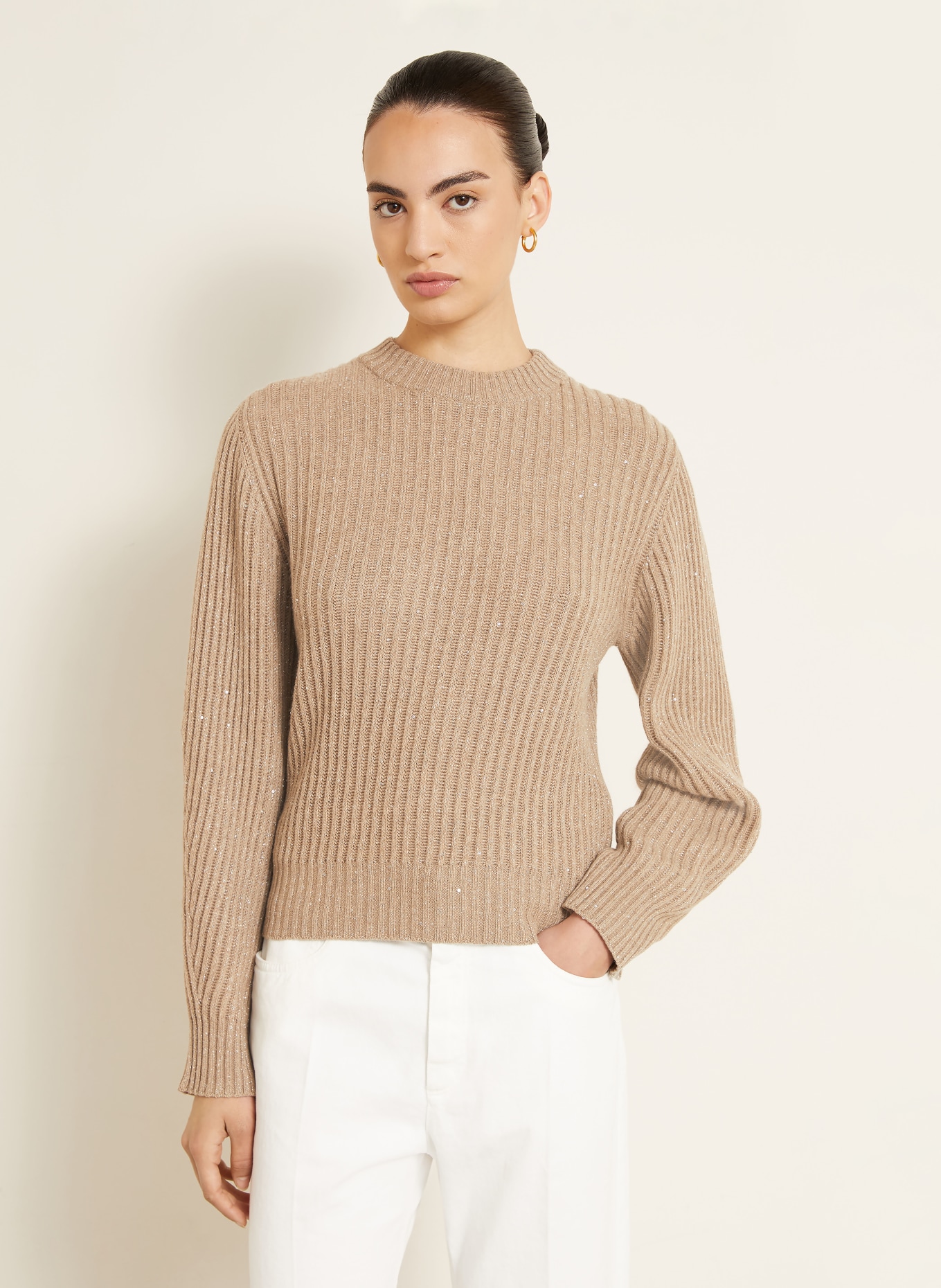 BRUNELLO CUCINELLI Pull en cachemire et fil pailleté: MARRON CLAIR / ARGENT