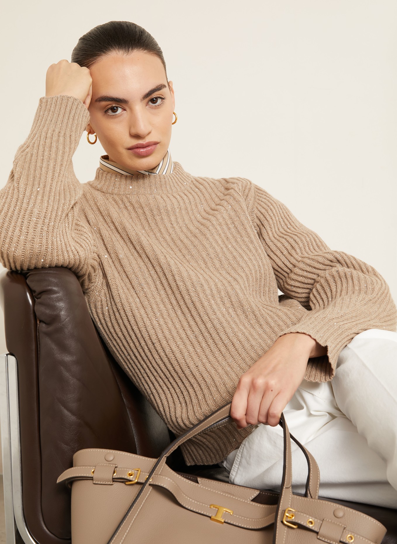 BRUNELLO CUCINELLI Pull en cachemire et fil pailleté: MARRON CLAIR / ARGENT