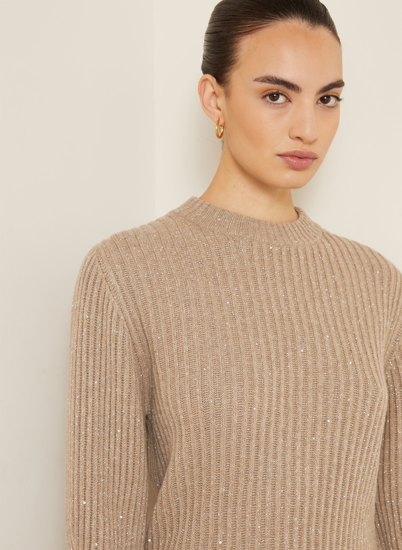 BRUNELLO CUCINELLI Pull en cachemire et fil pailleté: MARRON CLAIR / ARGENT