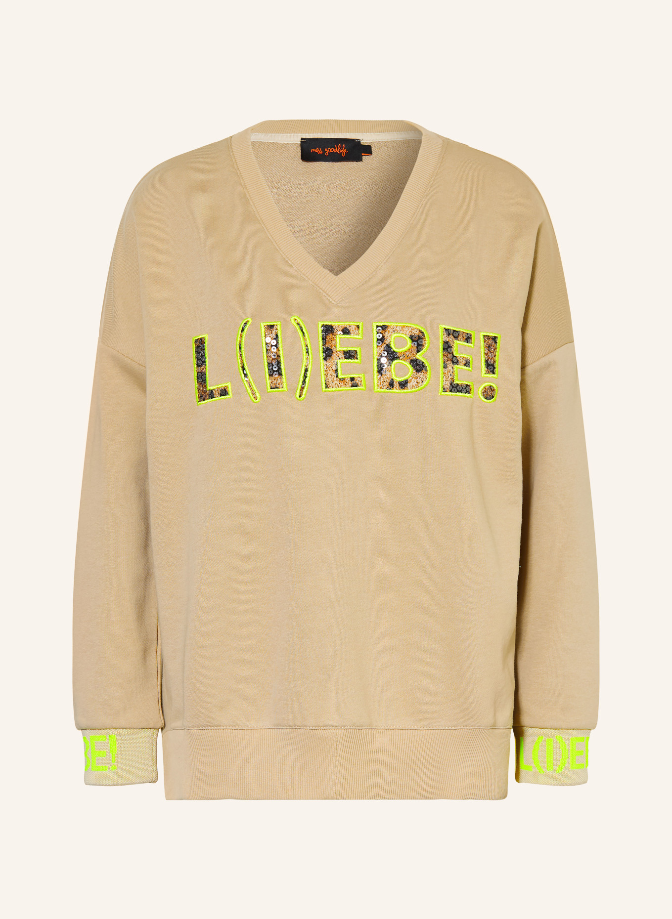 miss goodlife Sweatshirt à paillettes: BEIGE / MARRON FONCÉ / JAUNE FLUO