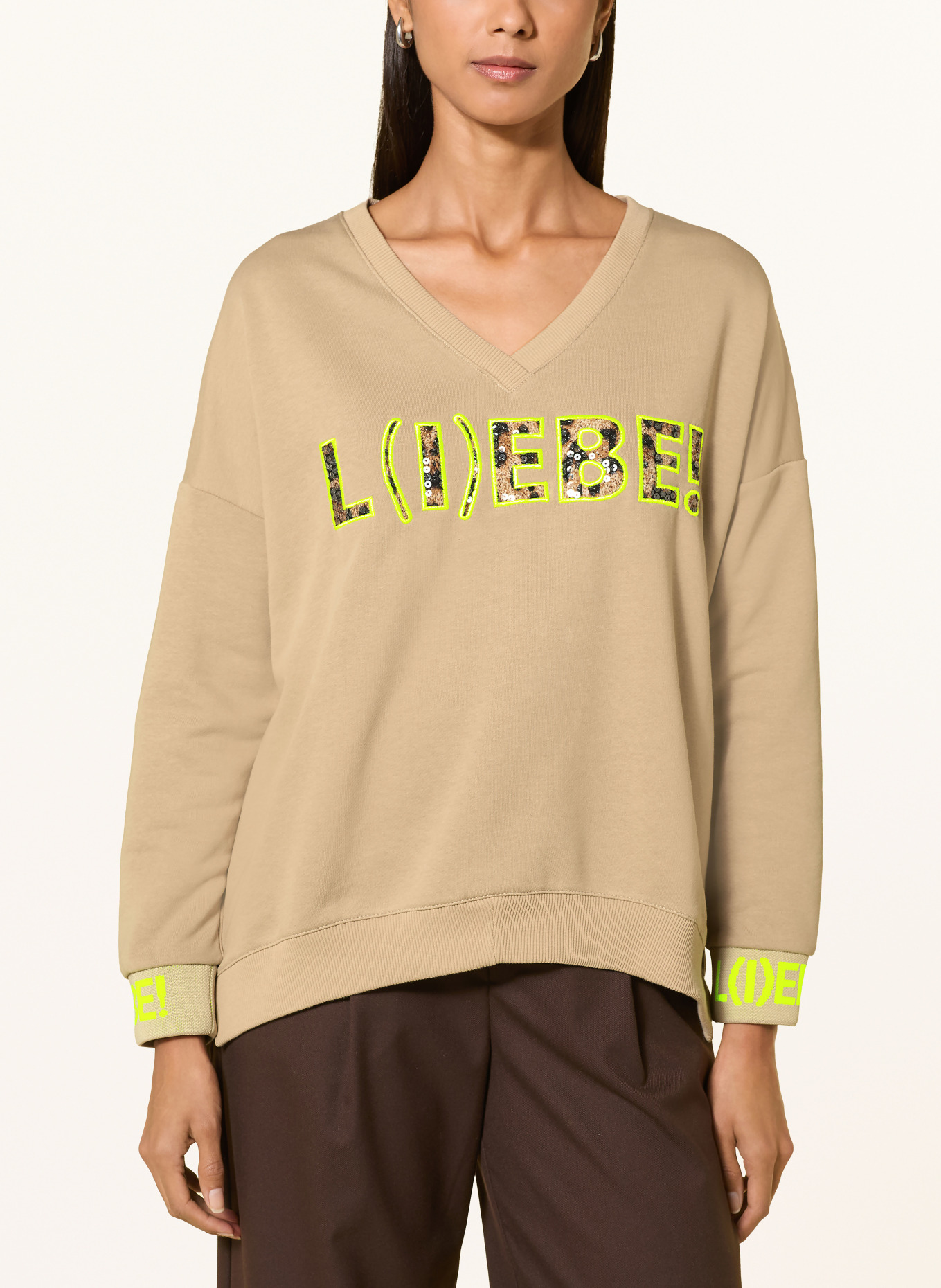 miss goodlife Sweatshirt à paillettes: BEIGE / MARRON FONCÉ / JAUNE FLUO