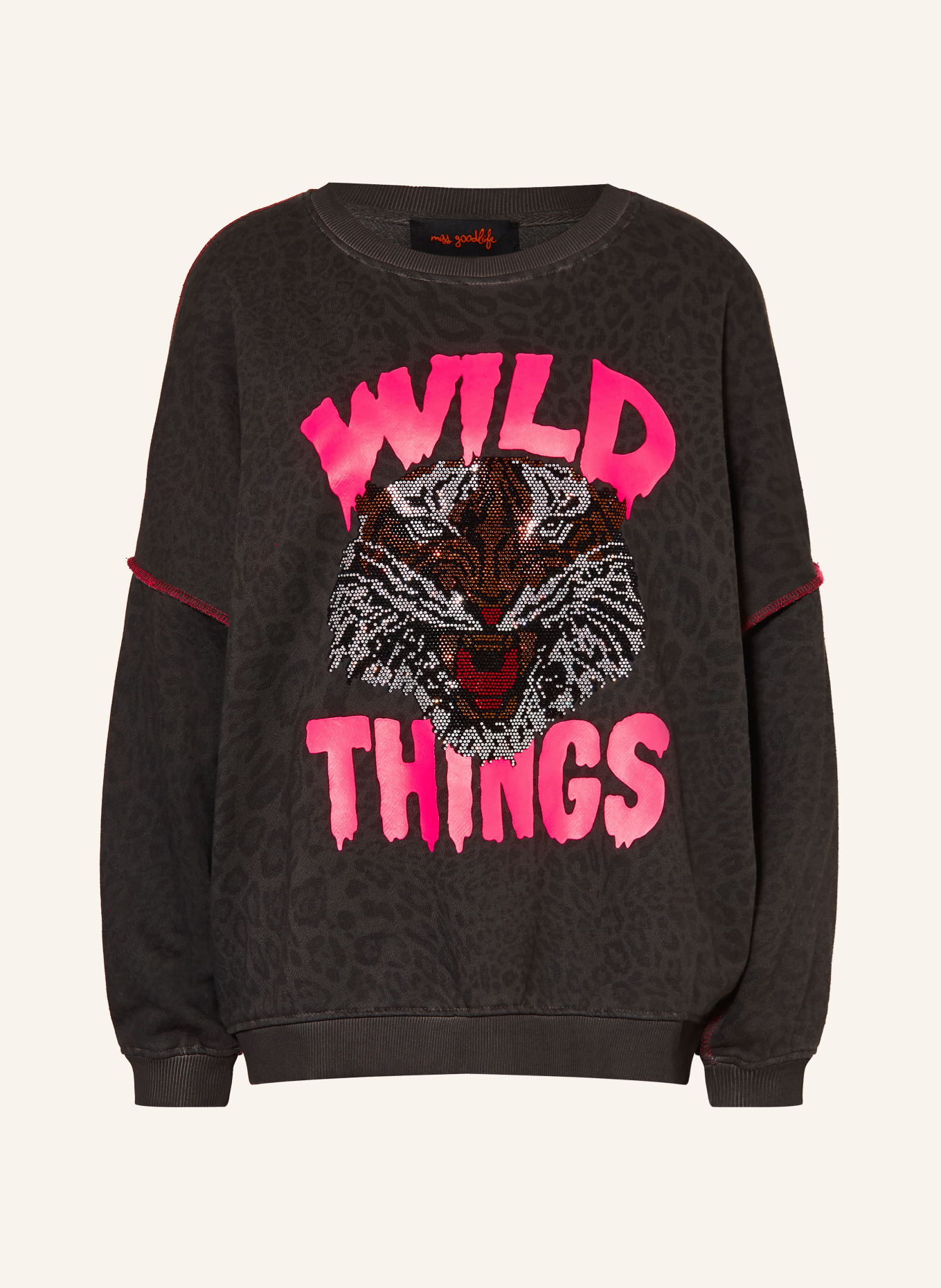 miss goodlife Sweatshirt oversize orné de strass: GRIS FONCÉ / ROSE FUCHSIA FLUO / NOIR