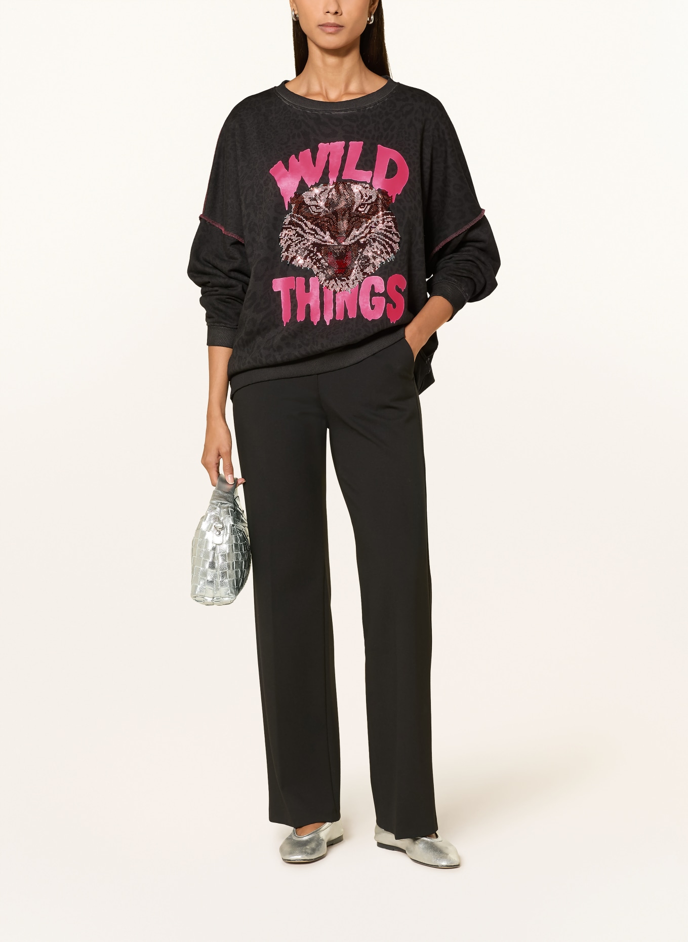miss goodlife Sweatshirt oversize orné de strass: GRIS FONCÉ / ROSE FUCHSIA FLUO / NOIR