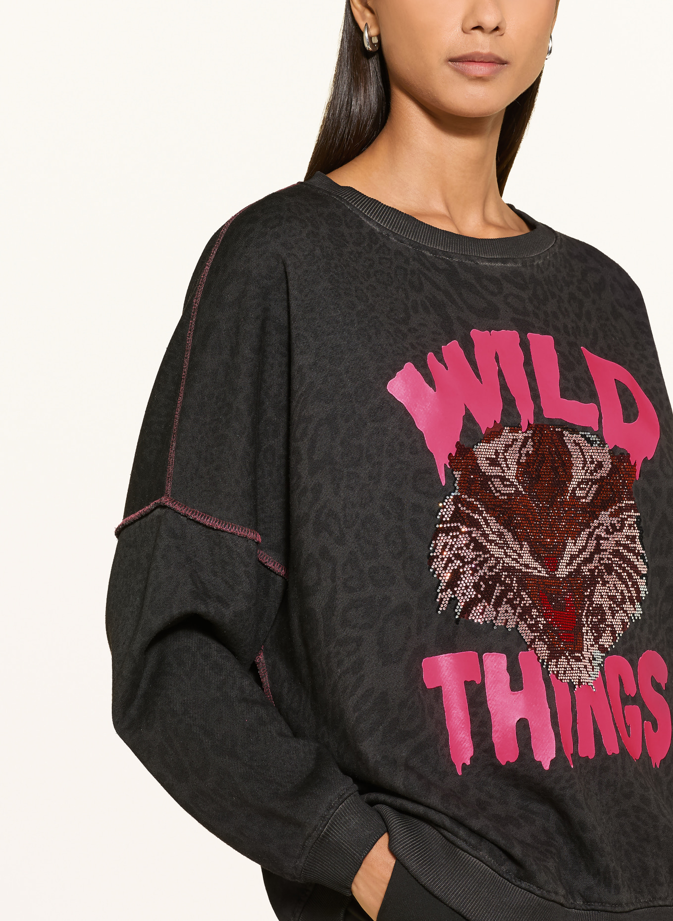 miss goodlife Sweatshirt oversize orné de strass: GRIS FONCÉ / ROSE FUCHSIA FLUO / NOIR