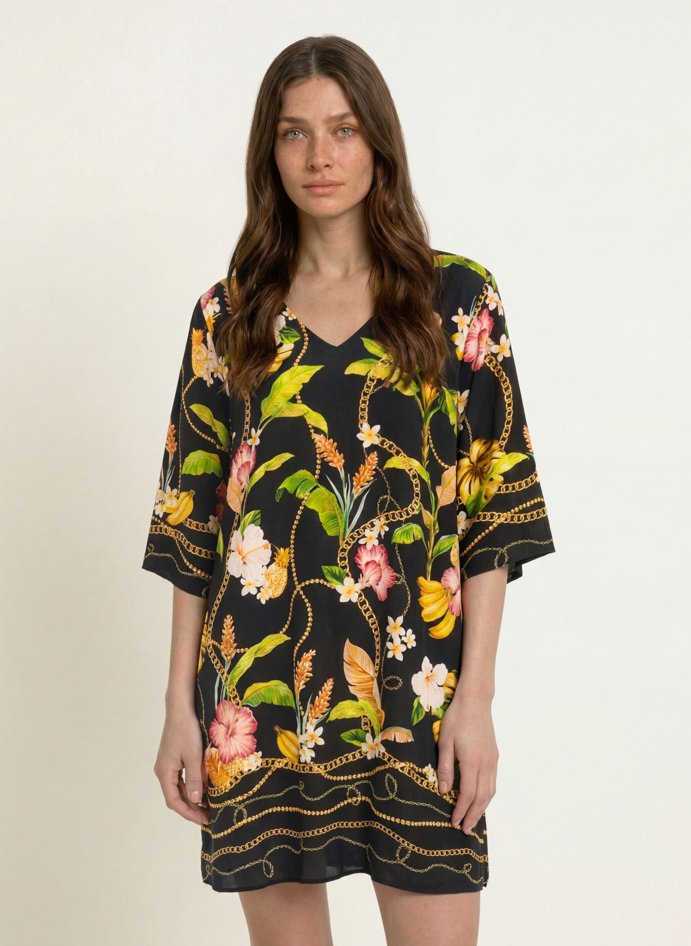 Charmline Sukienka plażowa IMPERIAL TROPICS z rękawami 3/4: CZARNY / ŻÓŁTY / JASNOZIELONY