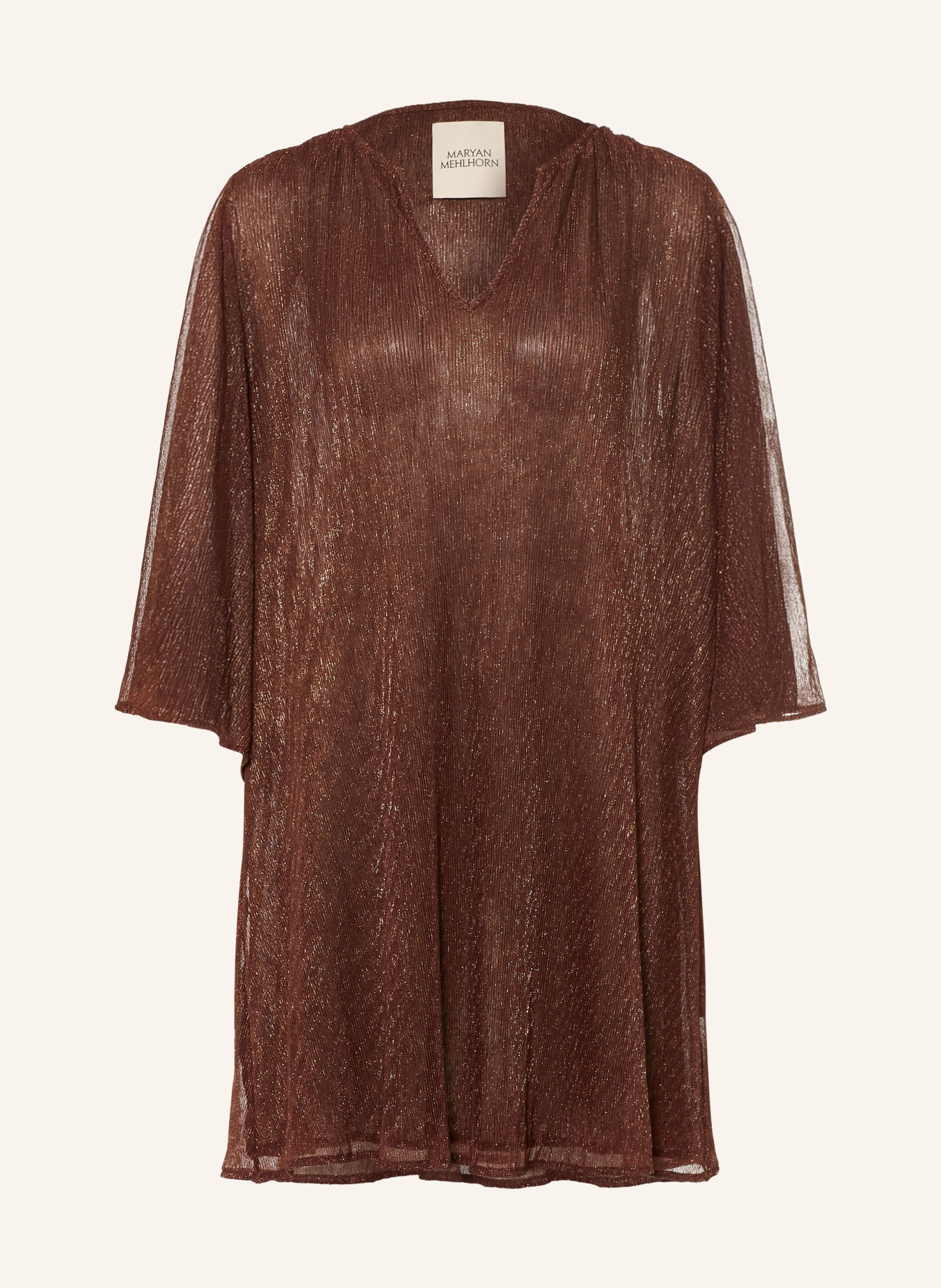 MARYAN MEHLHORN Robe de plage SUNDRENCHED avec fil pailleté et manches 3/4: MARRON FONCÉ / OR