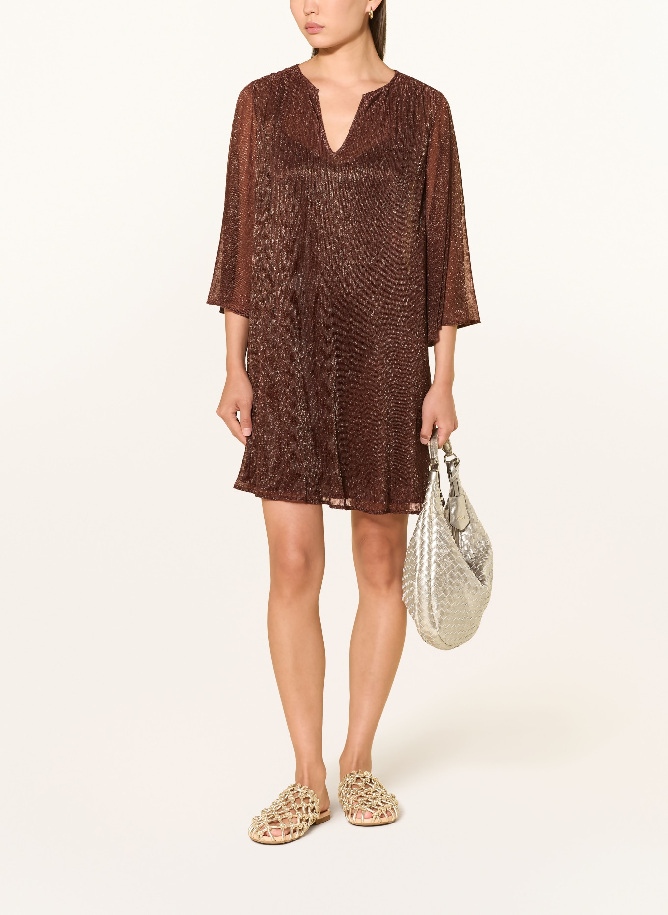 MARYAN MEHLHORN Robe de plage SUNDRENCHED avec fil pailleté et manches 3/4: MARRON FONCÉ / OR