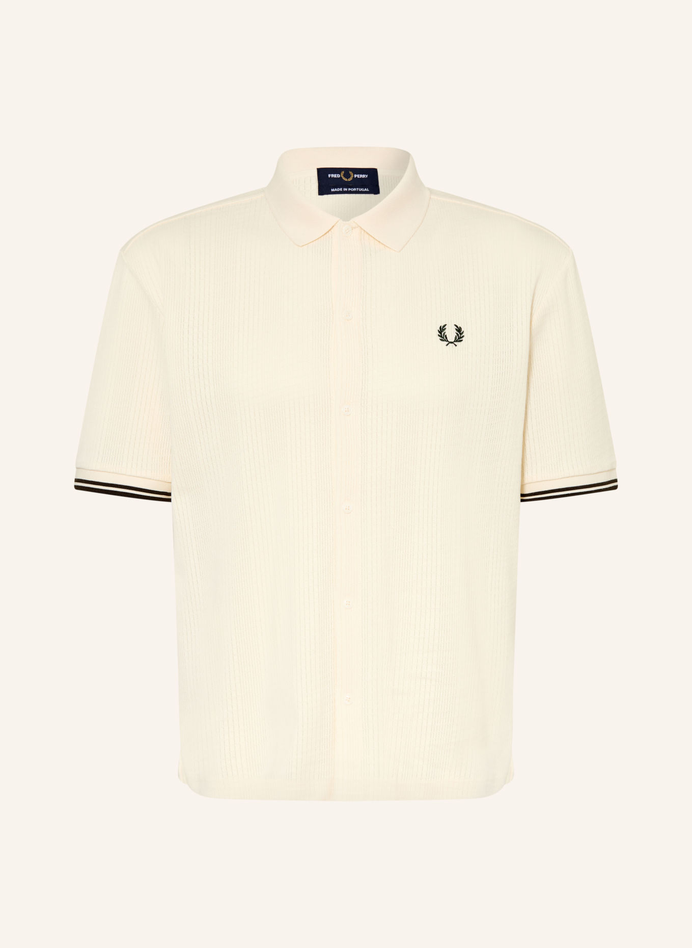 FRED PERRY Gebreid overhemd, slim fit: ECRU / DONKERGROEN
