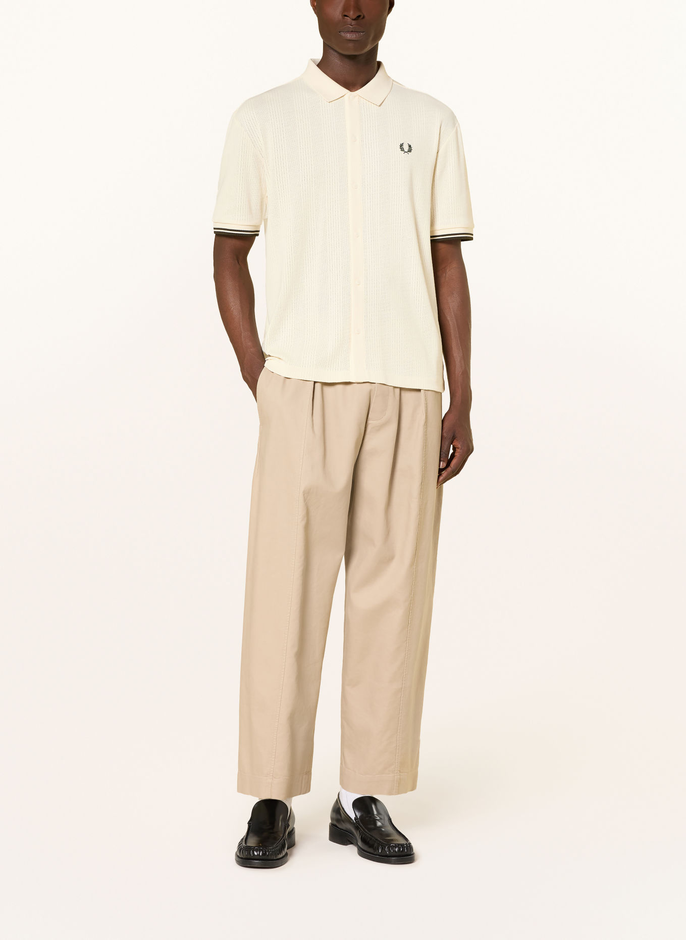 FRED PERRY Gebreid overhemd, slim fit: ECRU / DONKERGROEN