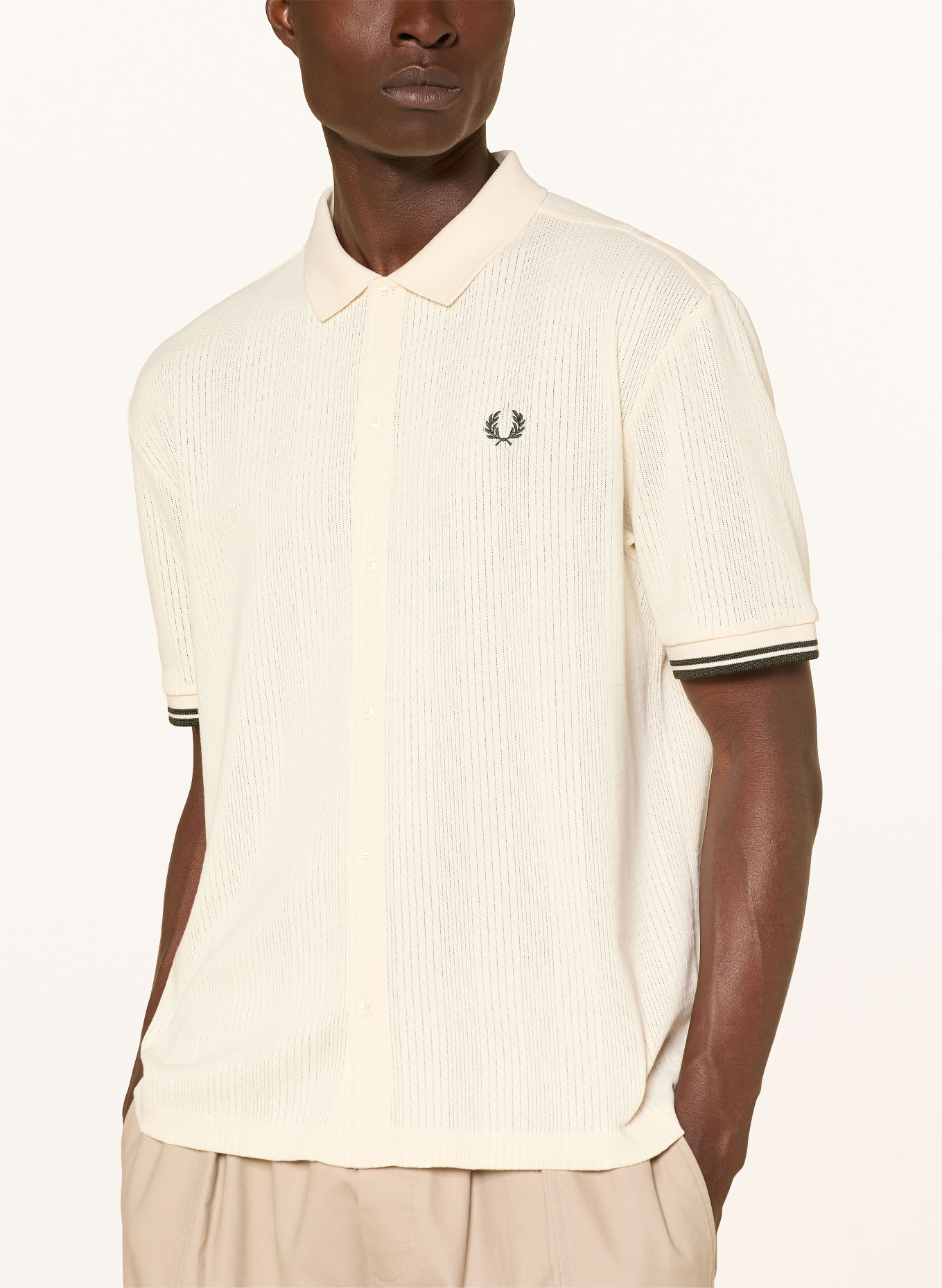 FRED PERRY Gebreid overhemd, slim fit: ECRU / DONKERGROEN