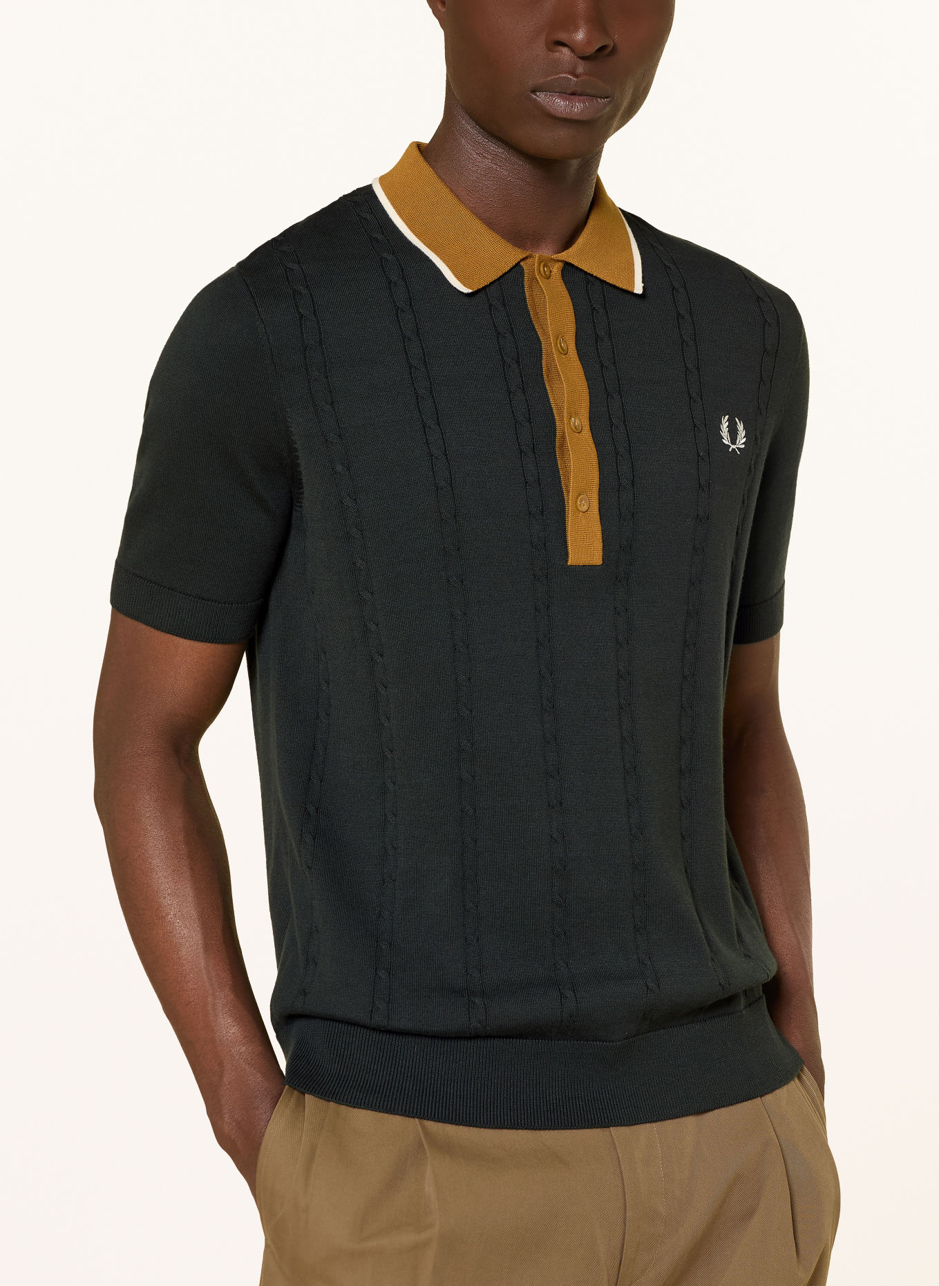 FRED PERRY Knit polo shirt: DARK GREEN / COGNAC