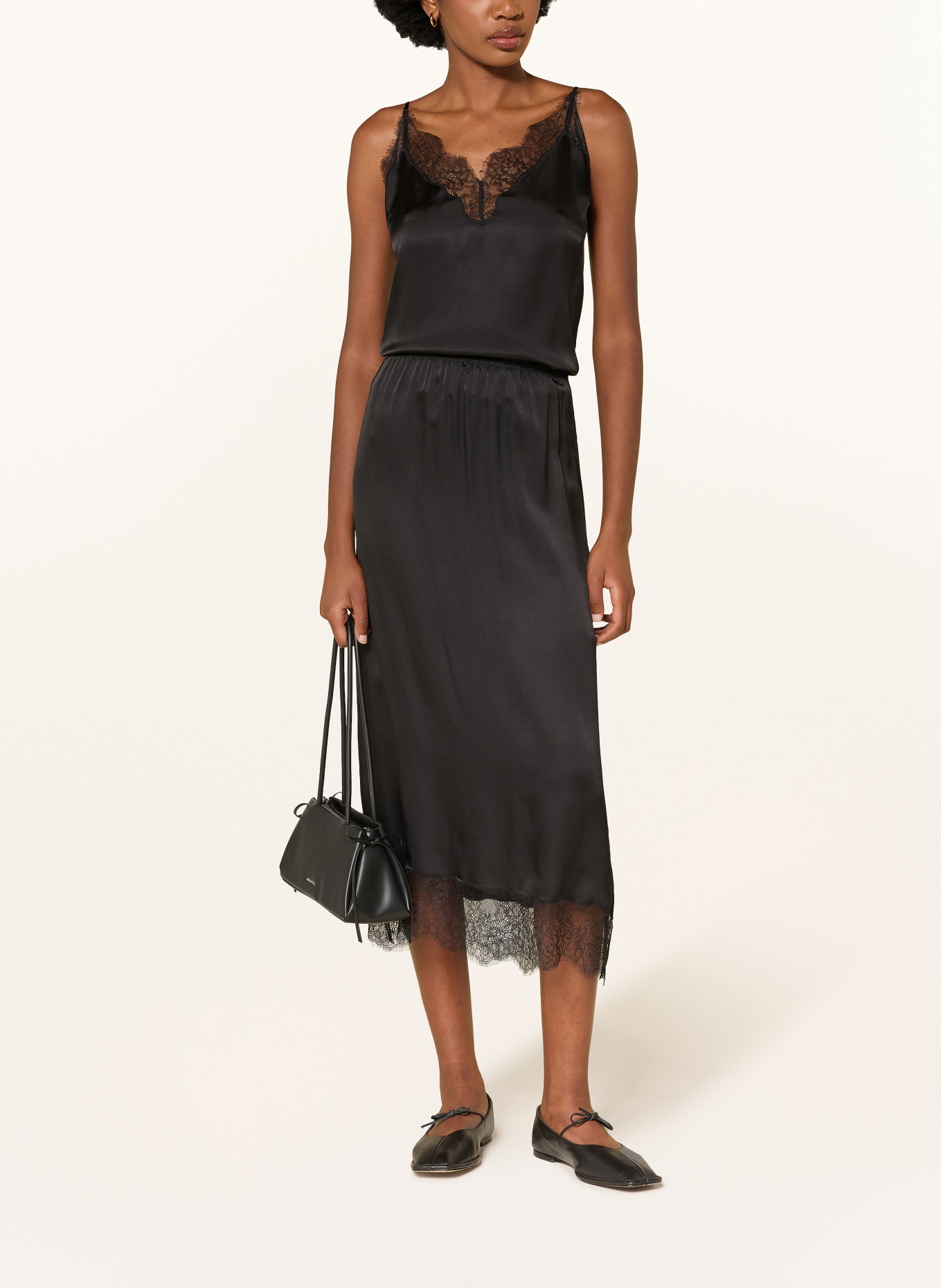 ANINE BING MAEL satin top with silk and lace: BLACK