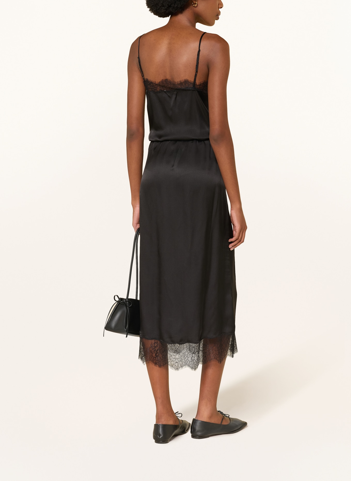 ANINE BING MAEL satin top with silk and lace: BLACK