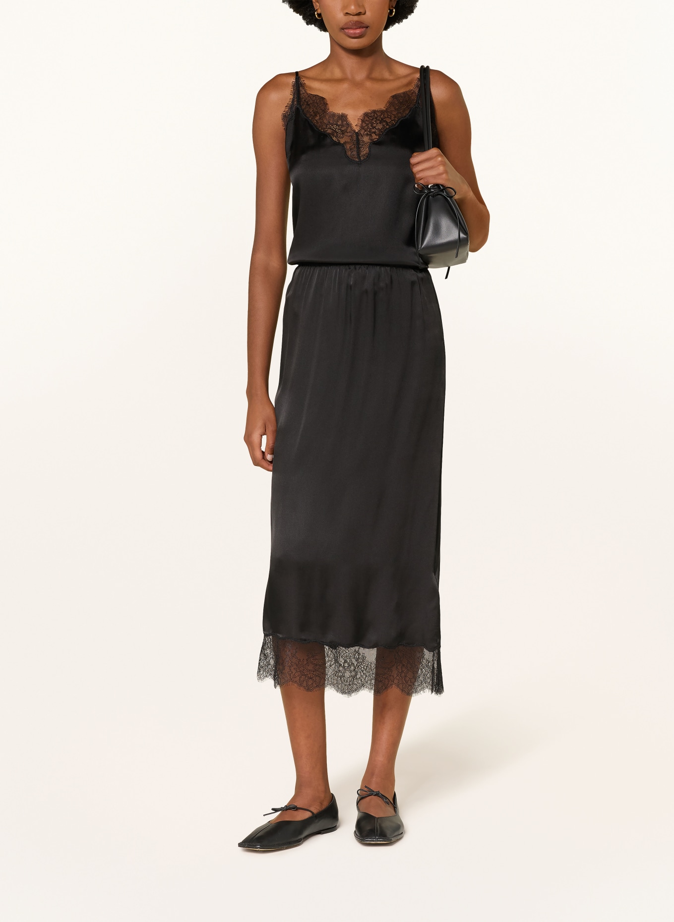 ANINE BING Satinrock SHELBY mit Seide und Spitze: SCHWARZ