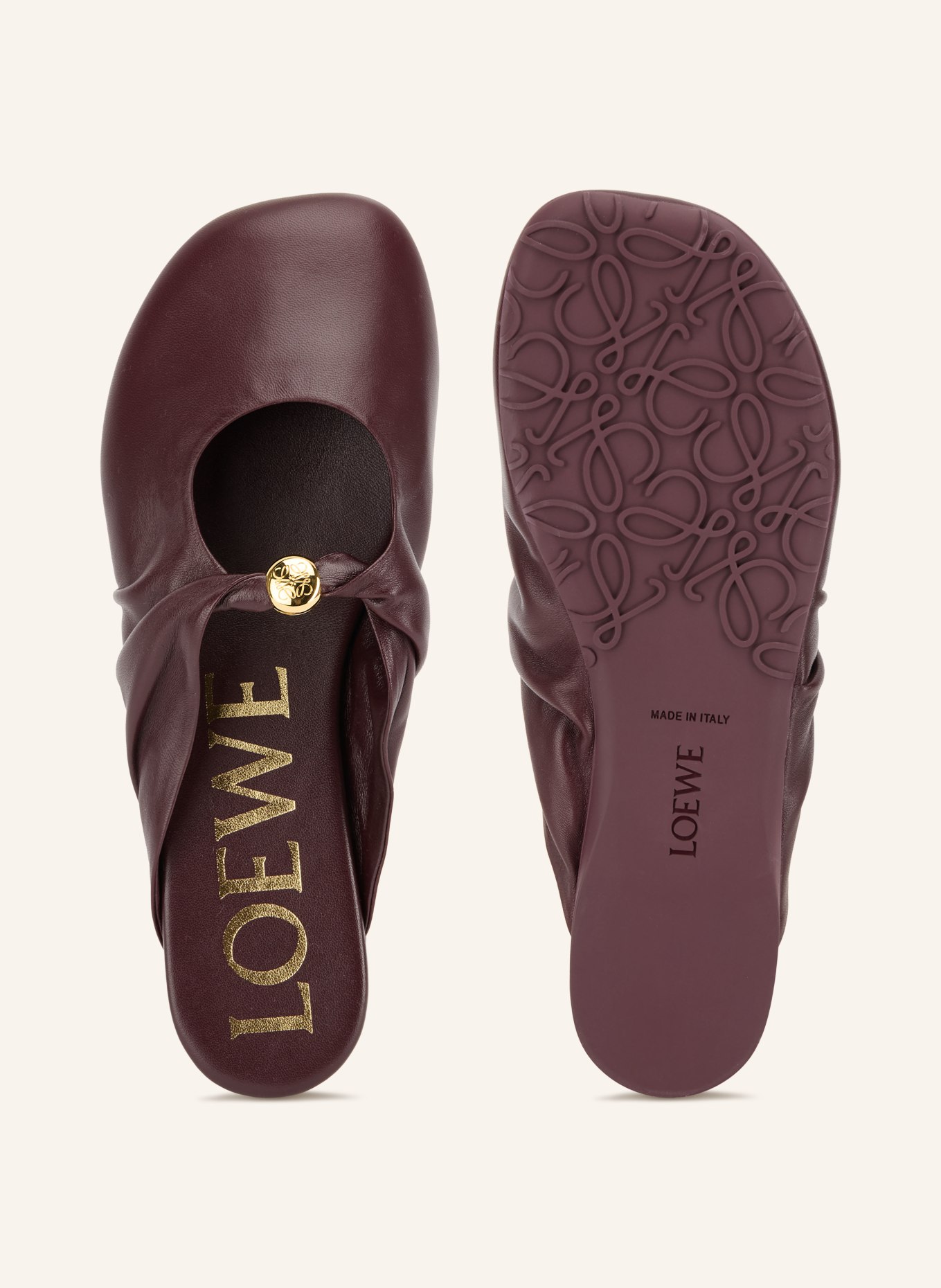 LOEWE Muiltjes PEBBLE SOFT: DONKERROOD / GOUD