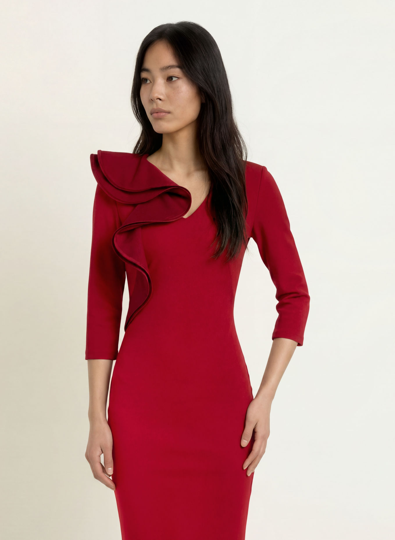 Joseph Ribkoff Kleid mit 3/4-Arm und Volants: DUNKELROT